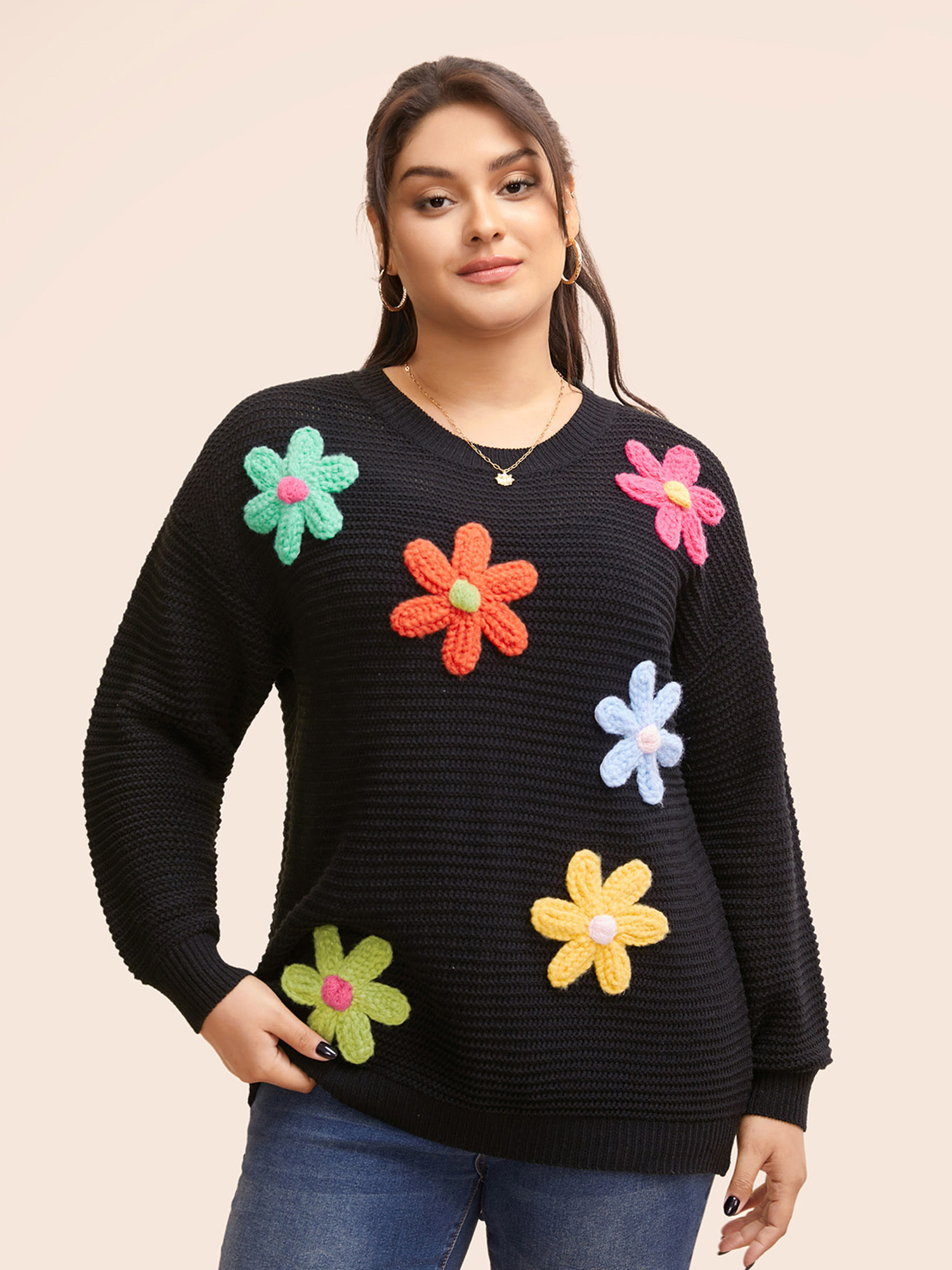 

Plus Size Colored Crochet Floral Drop Shoulder Sleeve Pullover Black Women Casual Loose Three Quater Length Sleeve Round Neck Everyday Pullovers BloomChic