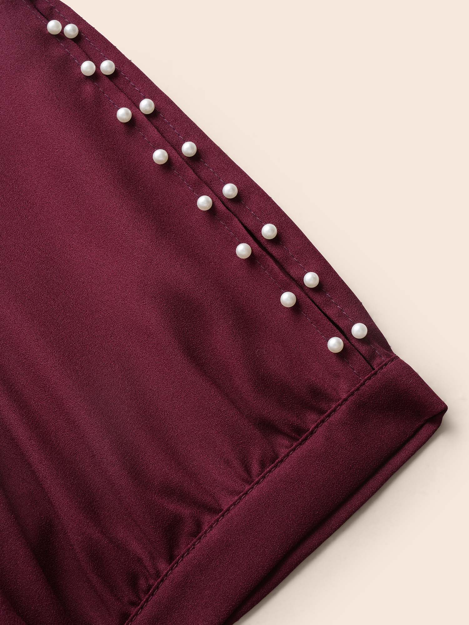 

Plus Size Burgundy Round Neck Pearl Beaded Cut Out Blouse Women Elegant Short sleeve Round Neck Everyday Blouses BloomChic