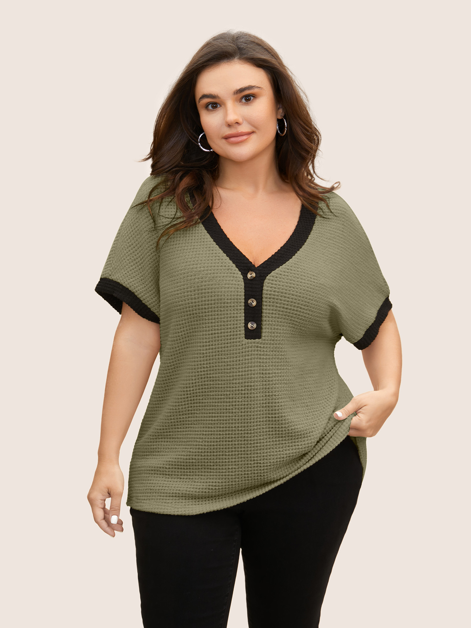 

Plus Size V Neck Contrast Button Detail Knit T-shirt ArmyGreen Women Casual Texture V-neck Everyday T-shirts BloomChic