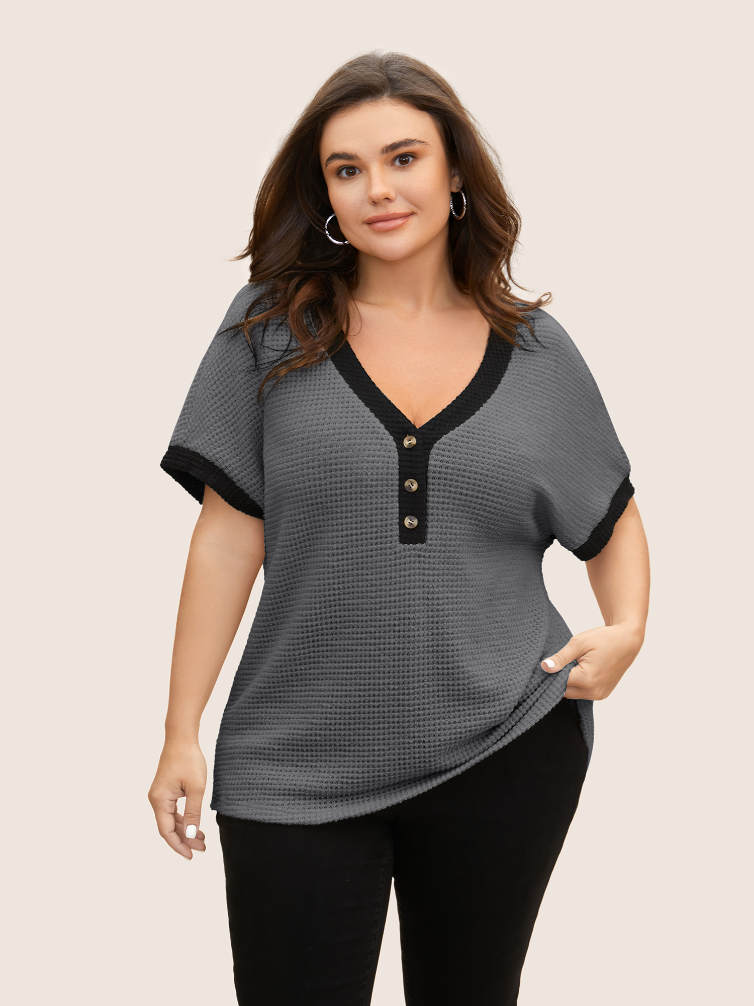 

Plus Size V Neck Contrast Button Detail Knit T-shirt DimGray Women Casual Texture V-neck Everyday T-shirts BloomChic