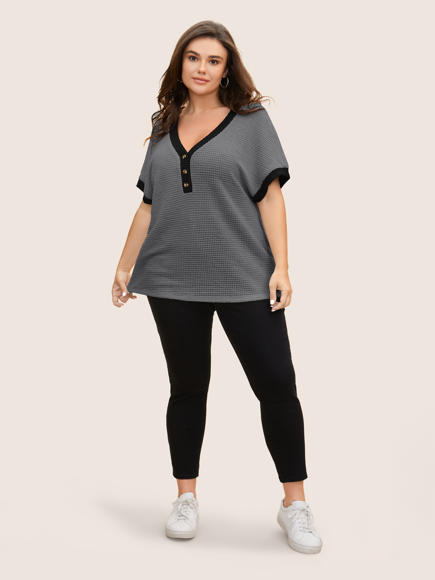 Plus Size V Neck Contrast Button Detail Knit T-shirt DimGray Women Casual Texture V-neck Everyday T-shirts BloomChic 18-20/2X 
