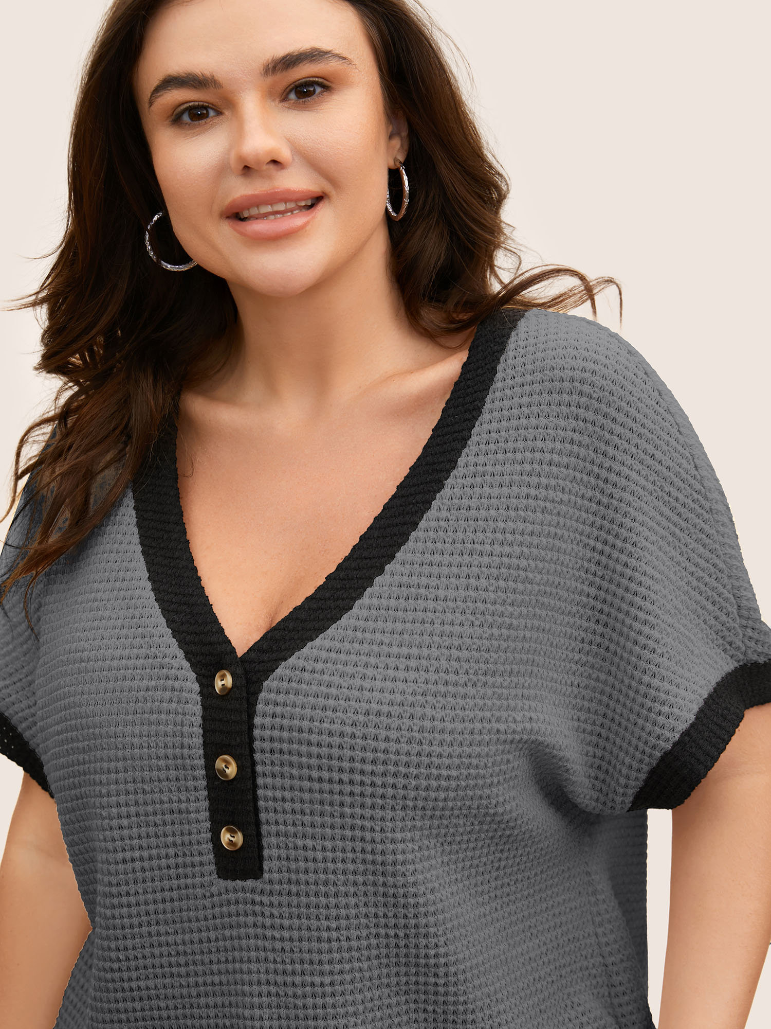Plus Size V Neck Contrast Button Detail Knit T-shirt DimGray Women Casual Texture V-neck Everyday T-shirts BloomChic 18-20/2X 
