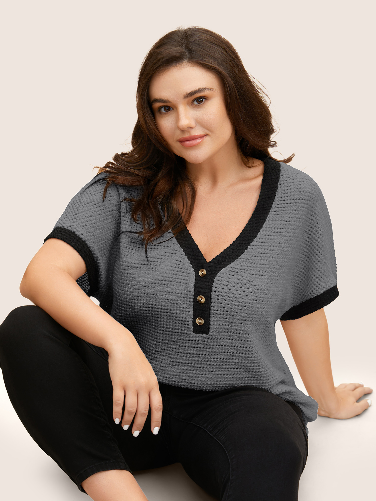 Plus Size V Neck Contrast Button Detail Knit T-shirt DimGray Women Casual Texture V-neck Everyday T-shirts BloomChic 18-20/2X 