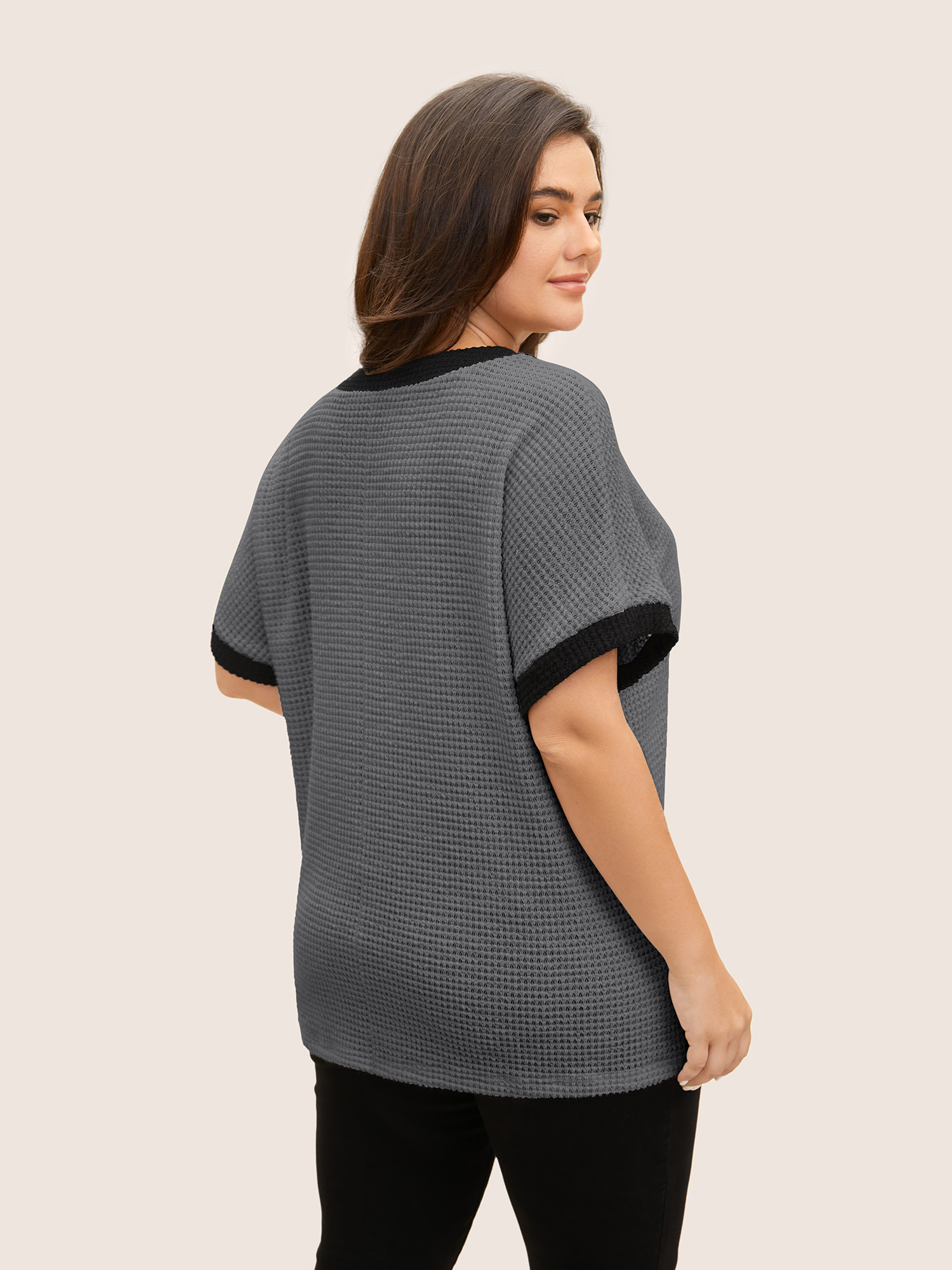 Plus Size V Neck Contrast Button Detail Knit T-shirt DimGray Women Casual Texture V-neck Everyday T-shirts BloomChic 18-20/2X 