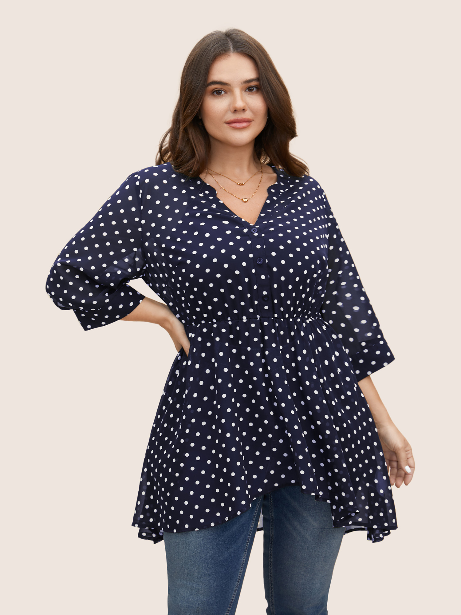 

Plus Size Indigo Chiffon Polka Dot Button Detail Blouse Women Elegant Elbow-length sleeve Flat collar with V-notch Everyday Blouses BloomChic