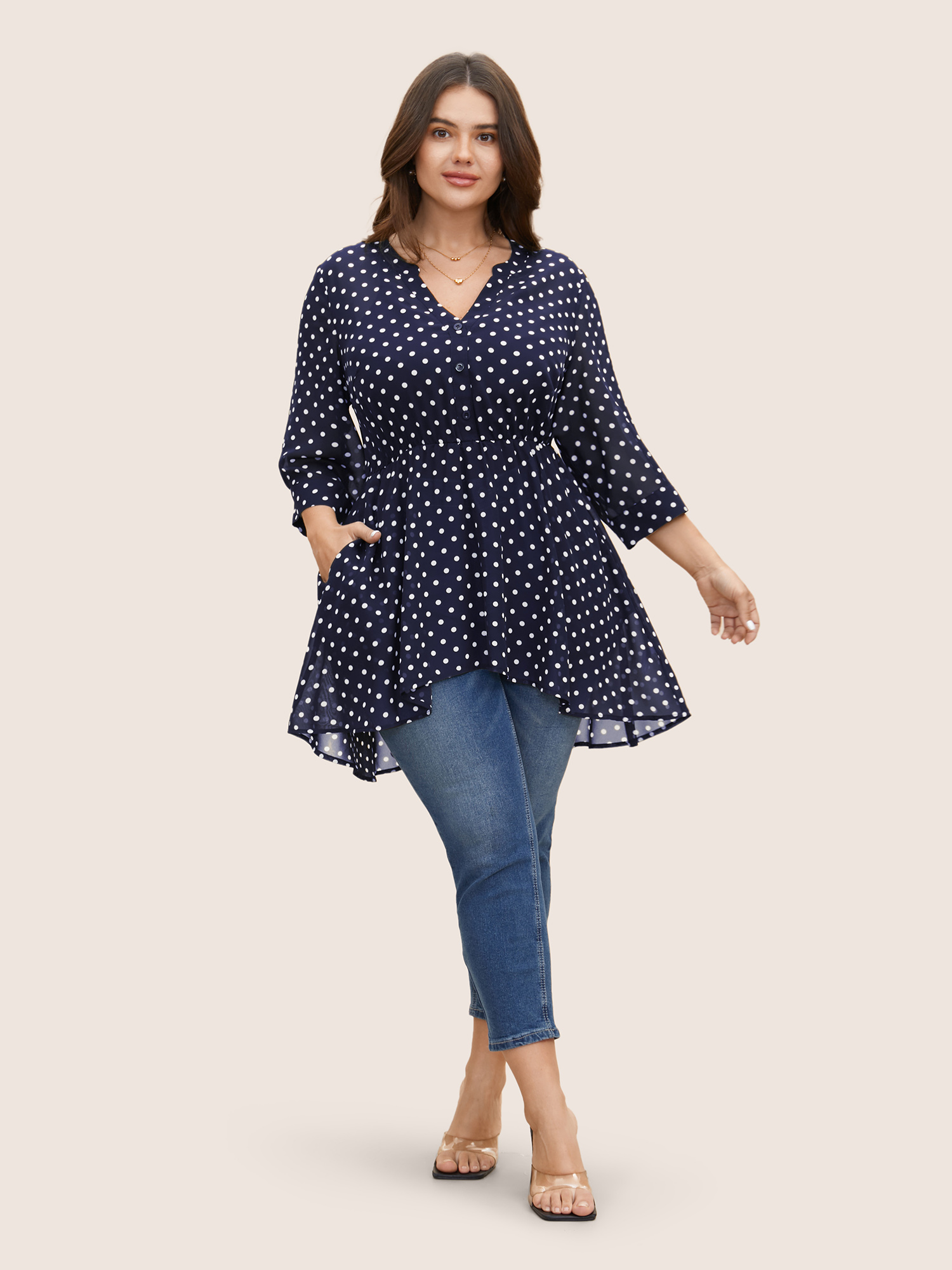 

Plus Size Indigo Chiffon Polka Dot Button Detail Blouse Women Elegant Elbow-length sleeve Flat collar with V-notch Everyday Blouses BloomChic