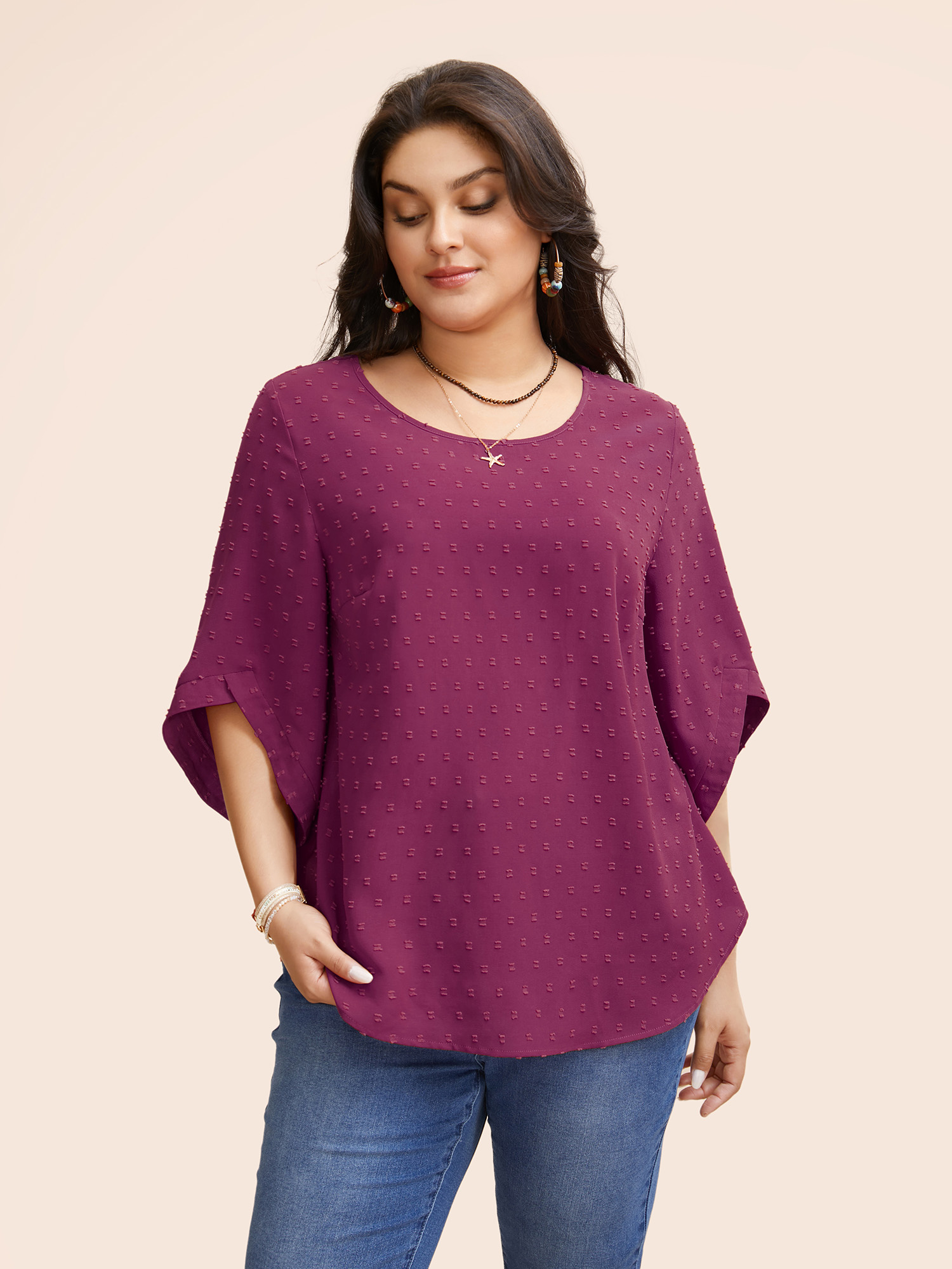 

Plus Size RedViolet Textured Round Neck Bell Sleeve Blouse Women Elegant Elbow-length sleeve Round Neck Everyday Blouses BloomChic