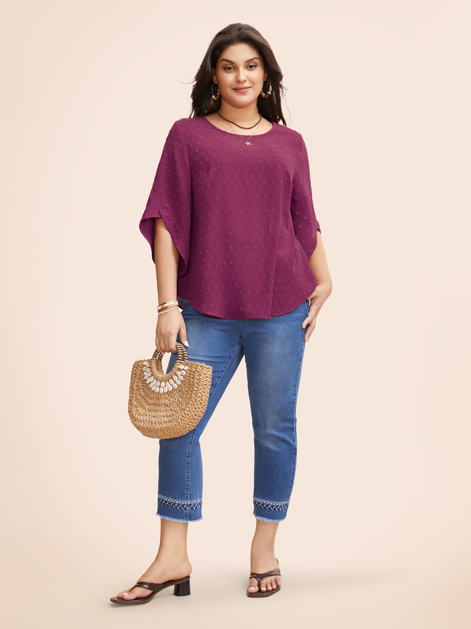 

Plus Size RedViolet Textured Round Neck Bell Sleeve Blouse Women Elegant Elbow-length sleeve Round Neck Everyday Blouses BloomChic