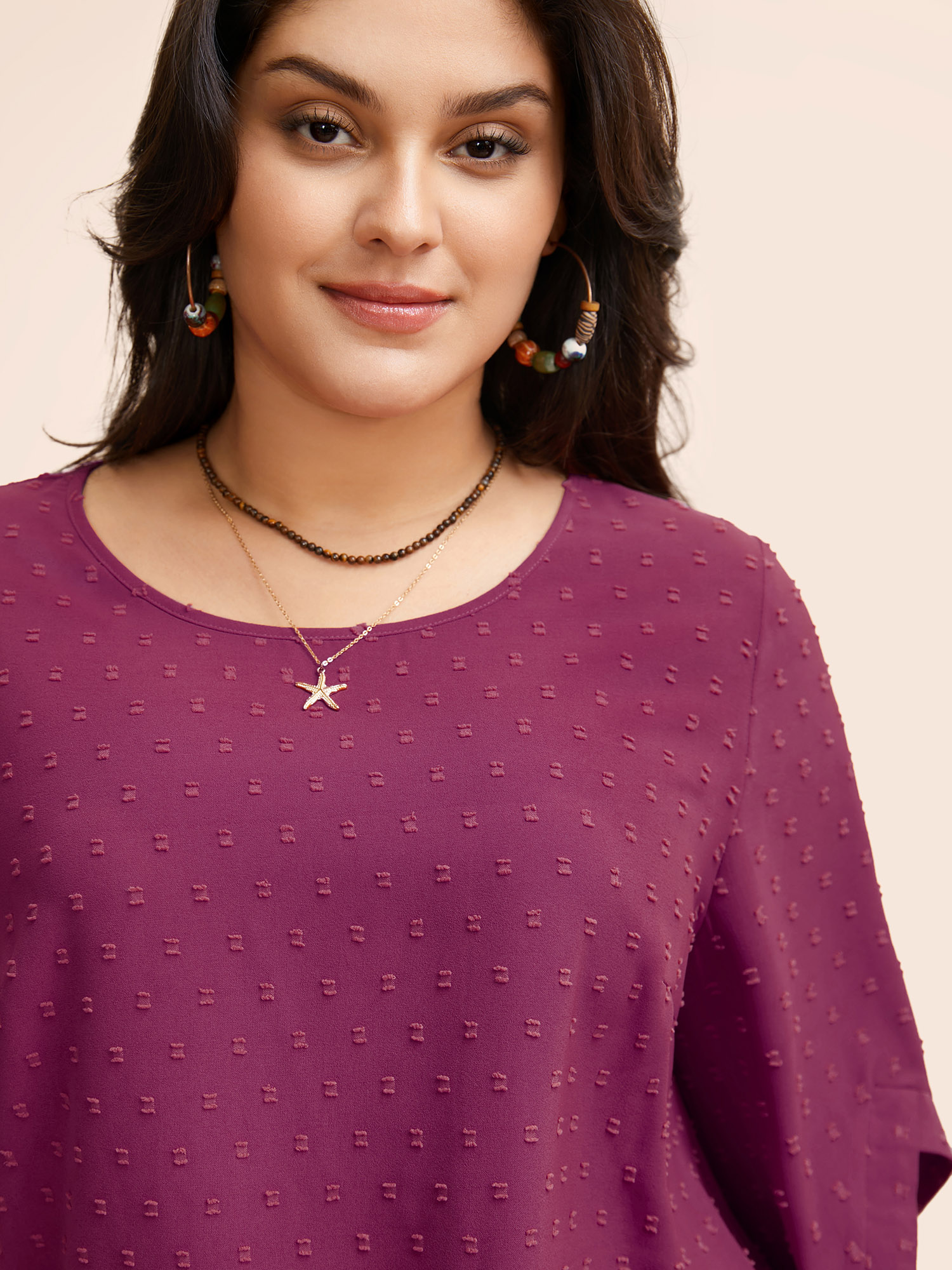 Plus Size RedViolet Textured Round Neck Bell Sleeve Blouse Women Elegant Elbow-length sleeve Round Neck Everyday Blouses BloomChic 28/5X 