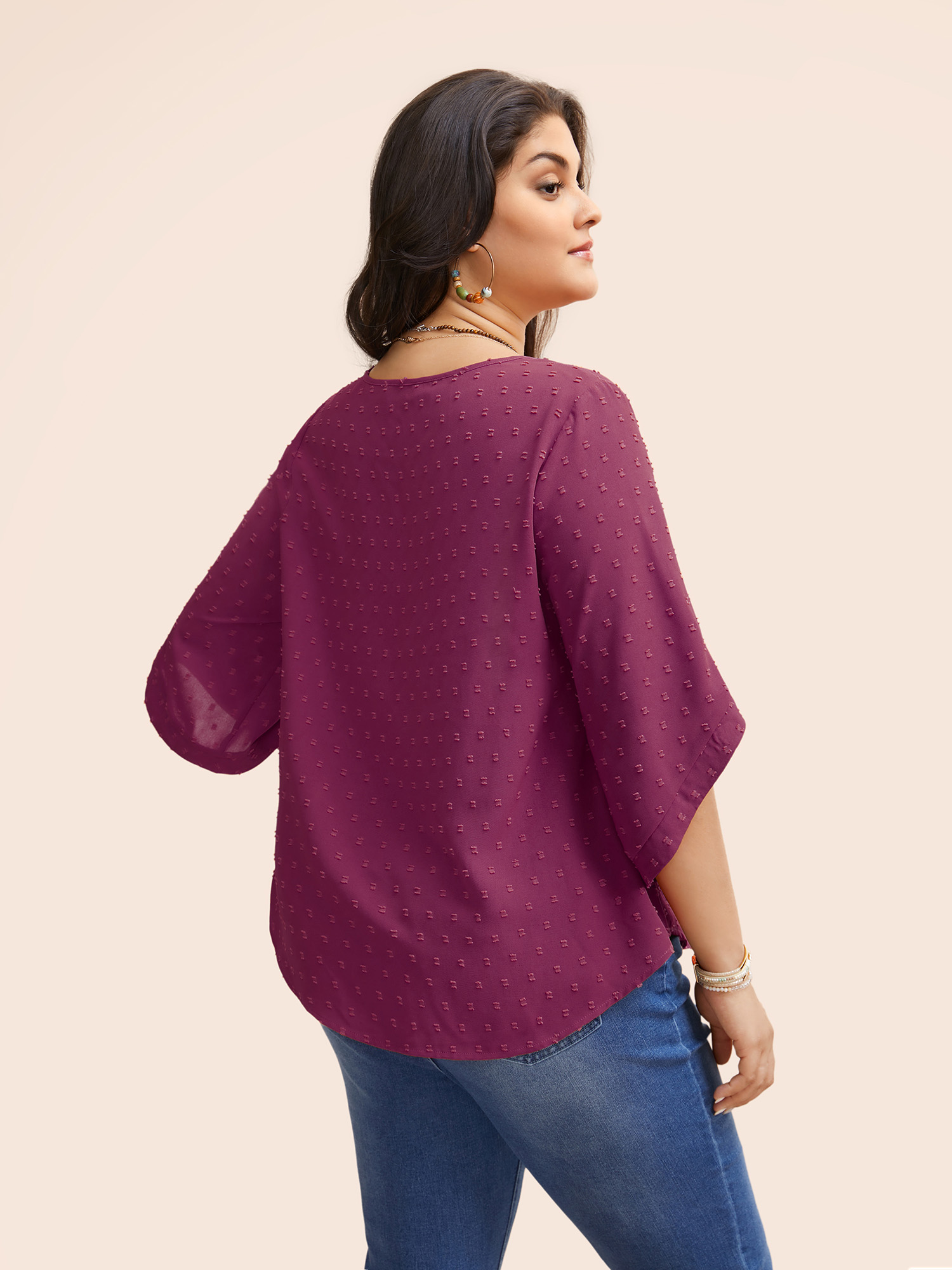 Plus Size RedViolet Textured Round Neck Bell Sleeve Blouse Women Elegant Elbow-length sleeve Round Neck Everyday Blouses BloomChic 28/5X 