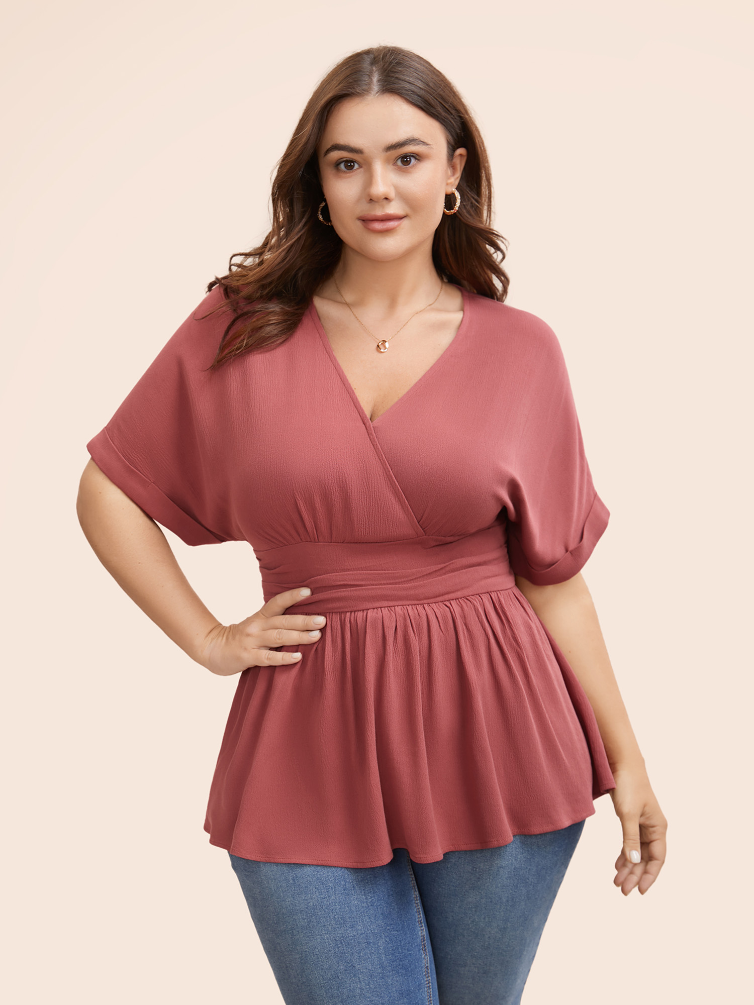 

Plus Size Russet Deep V Neck Shirred Roll Sleeve Blouse Women Elegant Short sleeve Deep V-neck Everyday Blouses BloomChic