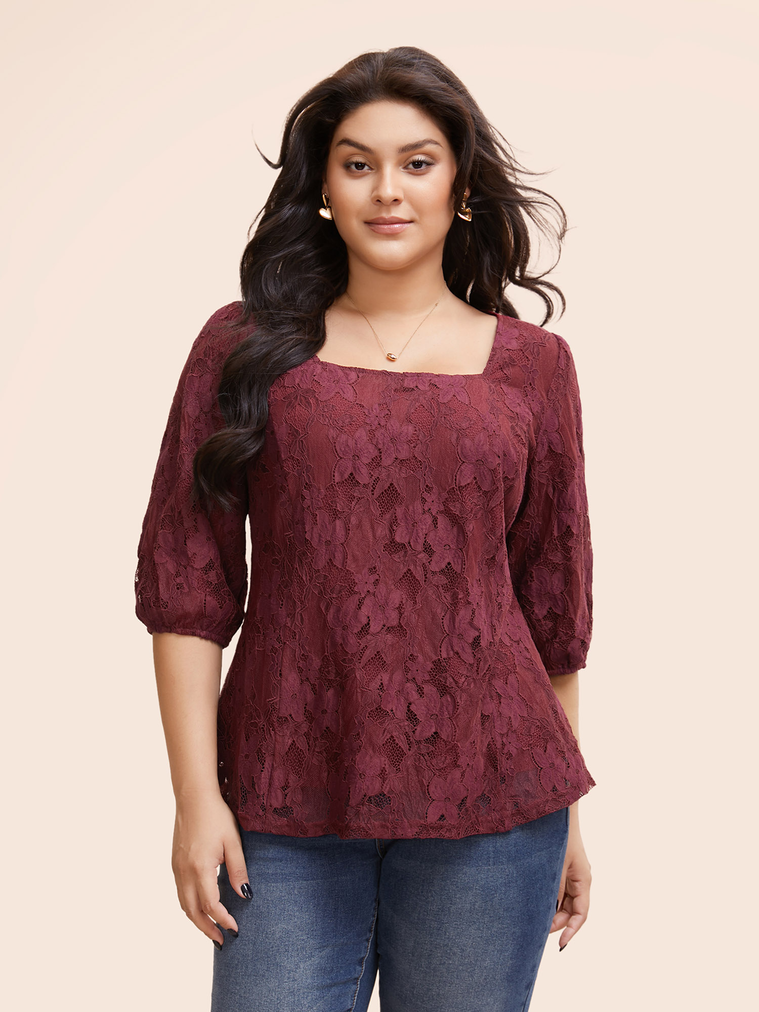 

Plus Size Burgundy Square Neck Lace Panel Lantern Sleeve Blouse Women Elegant Elbow-length sleeve Square Neck Everyday Blouses BloomChic