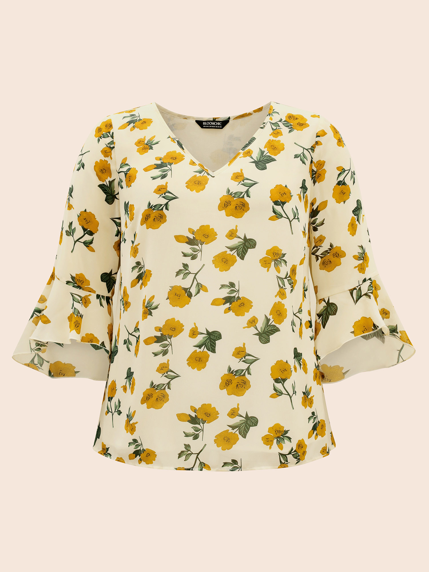 

Plus Size Mustardyellow Floral Ruffle Sleeve Split Hem Blouse Women Elegant Elbow-length sleeve V-neck Everyday Blouses BloomChic