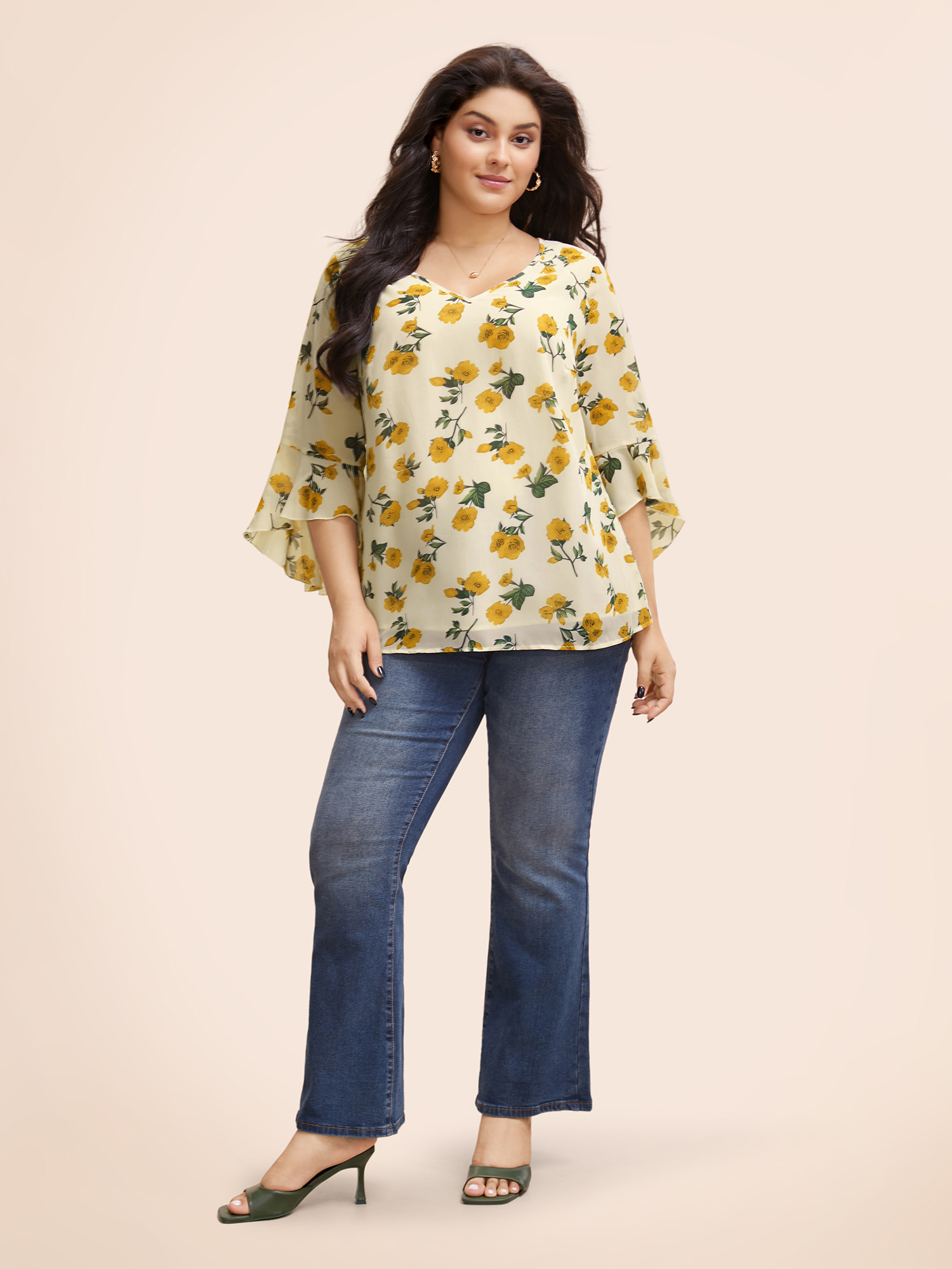 Plus Size Mustardyellow Floral Ruffle Sleeve Split Hem Blouse Women Elegant Elbow-length sleeve V-neck Everyday Blouses BloomChic 28/5X 