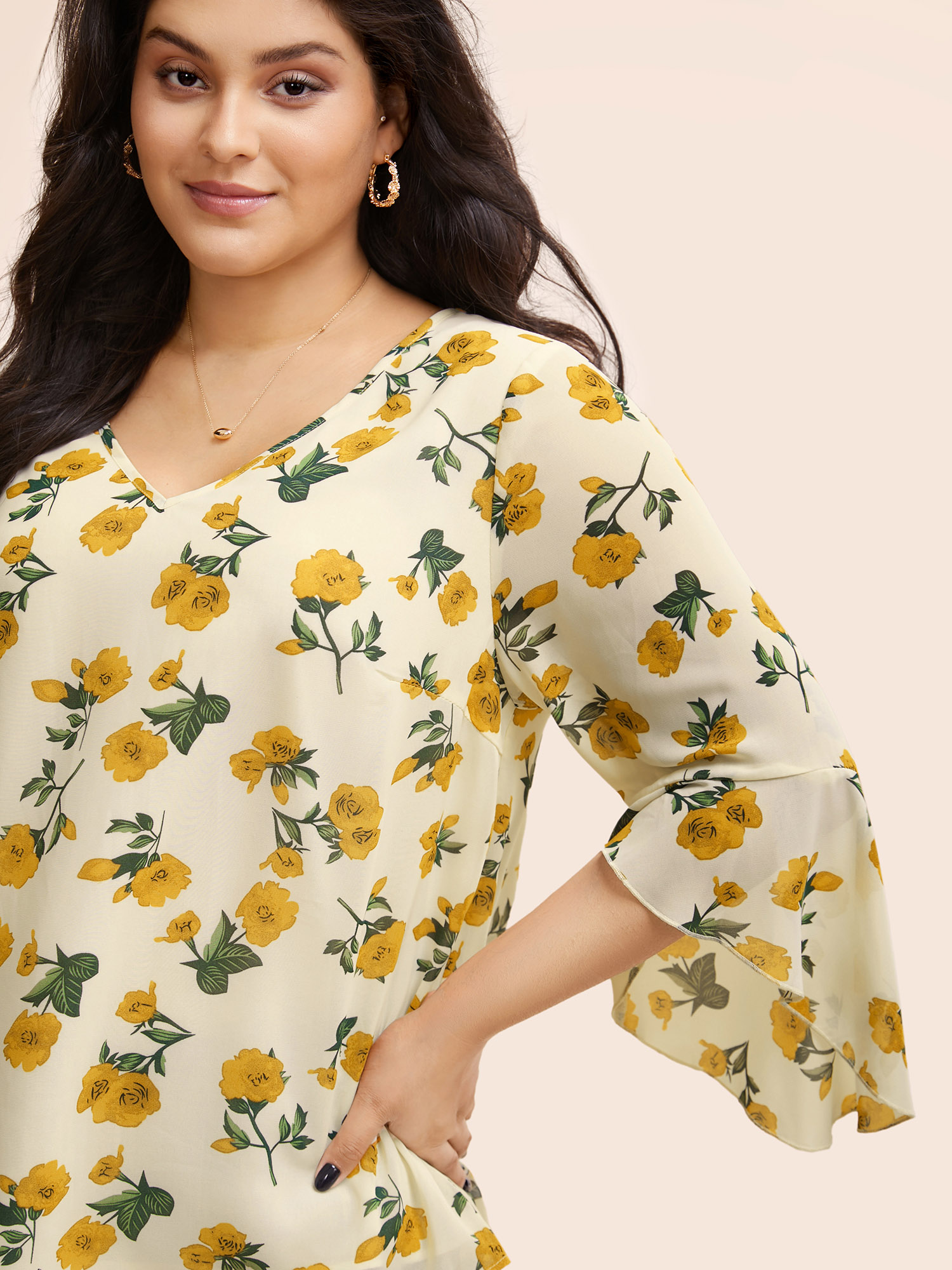 Plus Size Mustardyellow Floral Ruffle Sleeve Split Hem Blouse Women Elegant Elbow-length sleeve V-neck Everyday Blouses BloomChic 28/5X 