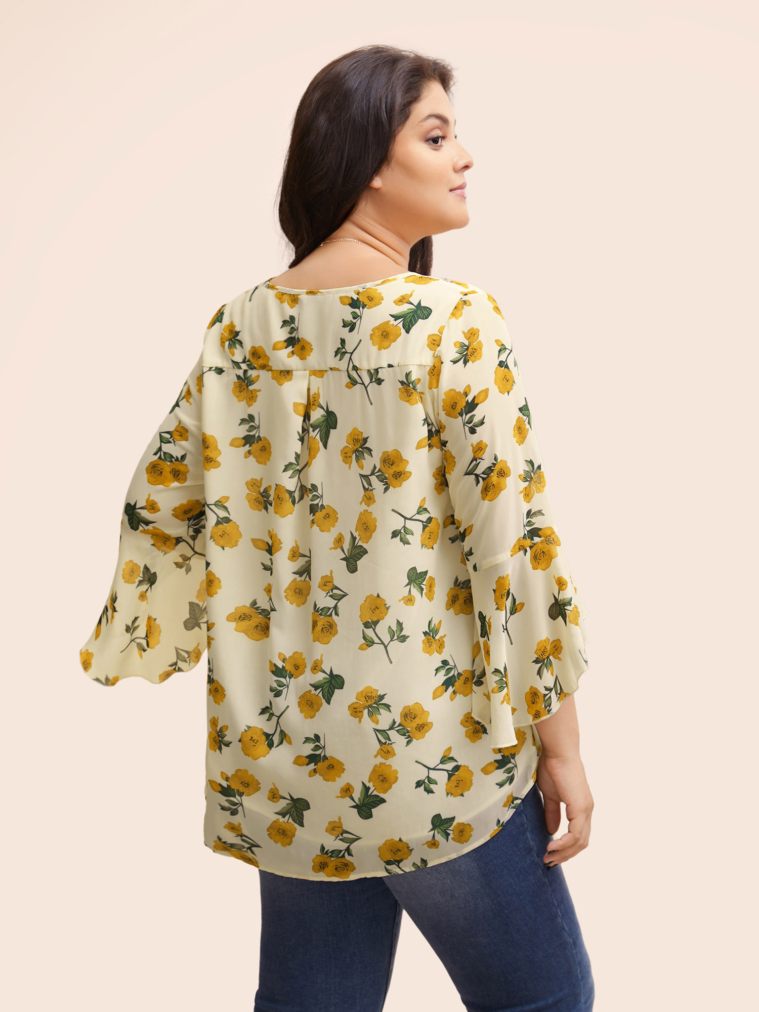 Plus Size Mustardyellow Floral Ruffle Sleeve Split Hem Blouse Women Elegant Elbow-length sleeve V-neck Everyday Blouses BloomChic 28/5X 