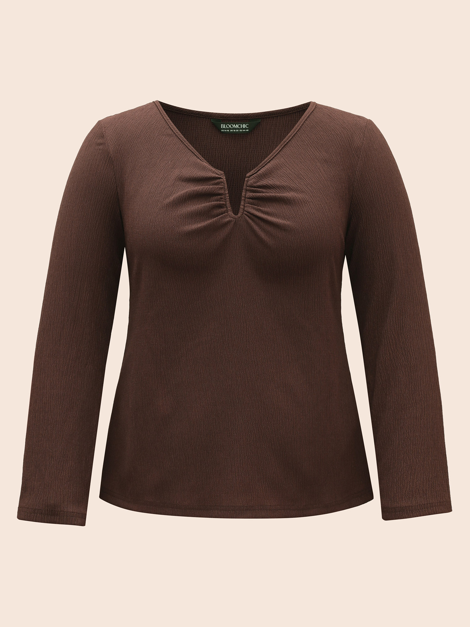 

Plus Size DarkBrown Plain Textured Notched Gathered Blouse Women Elegant Long Sleeve V-neck Everyday Blouses BloomChic