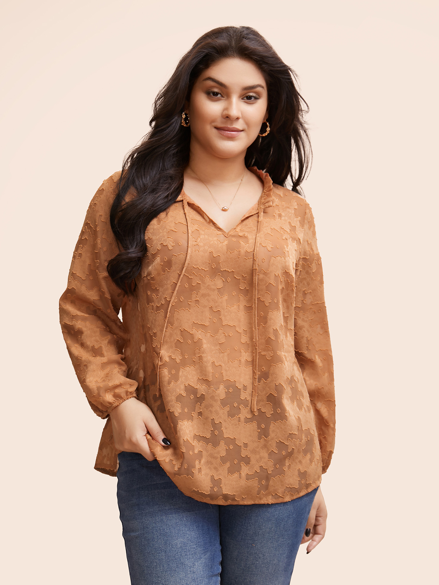 

Plus Size Brightorange Plain Textured Frill Trim Tie Knot Blouse Women Elegant Long Sleeve V-neck Everyday Blouses BloomChic