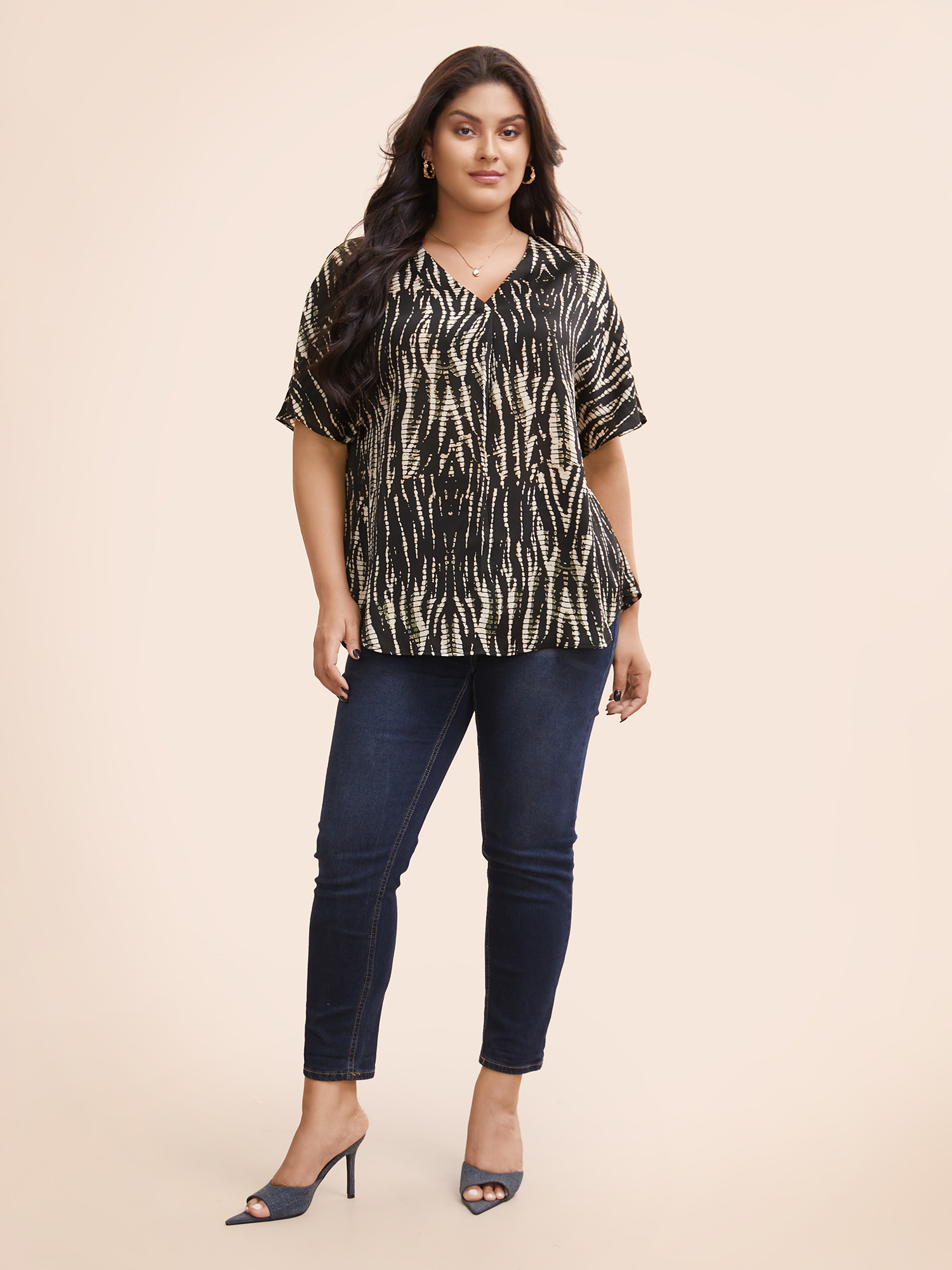 Plus Size Black Animal Print Pleated Dolman Sleeve Blouse Women Elegant Short sleeve V-neck Everyday Blouses BloomChic 30/6X 