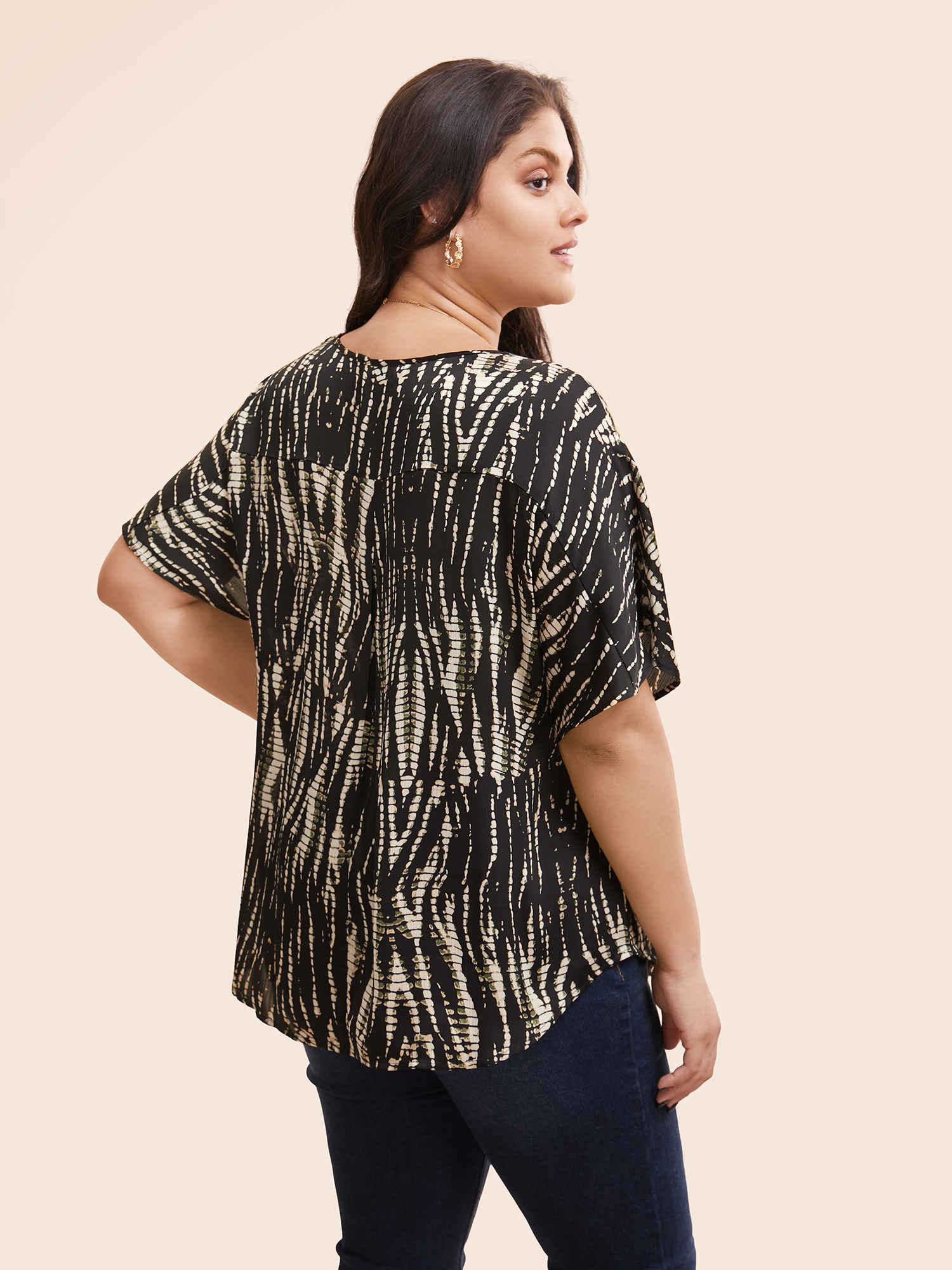 Plus Size Black Animal Print Pleated Dolman Sleeve Blouse Women Elegant Short sleeve V-neck Everyday Blouses BloomChic 30/6X 