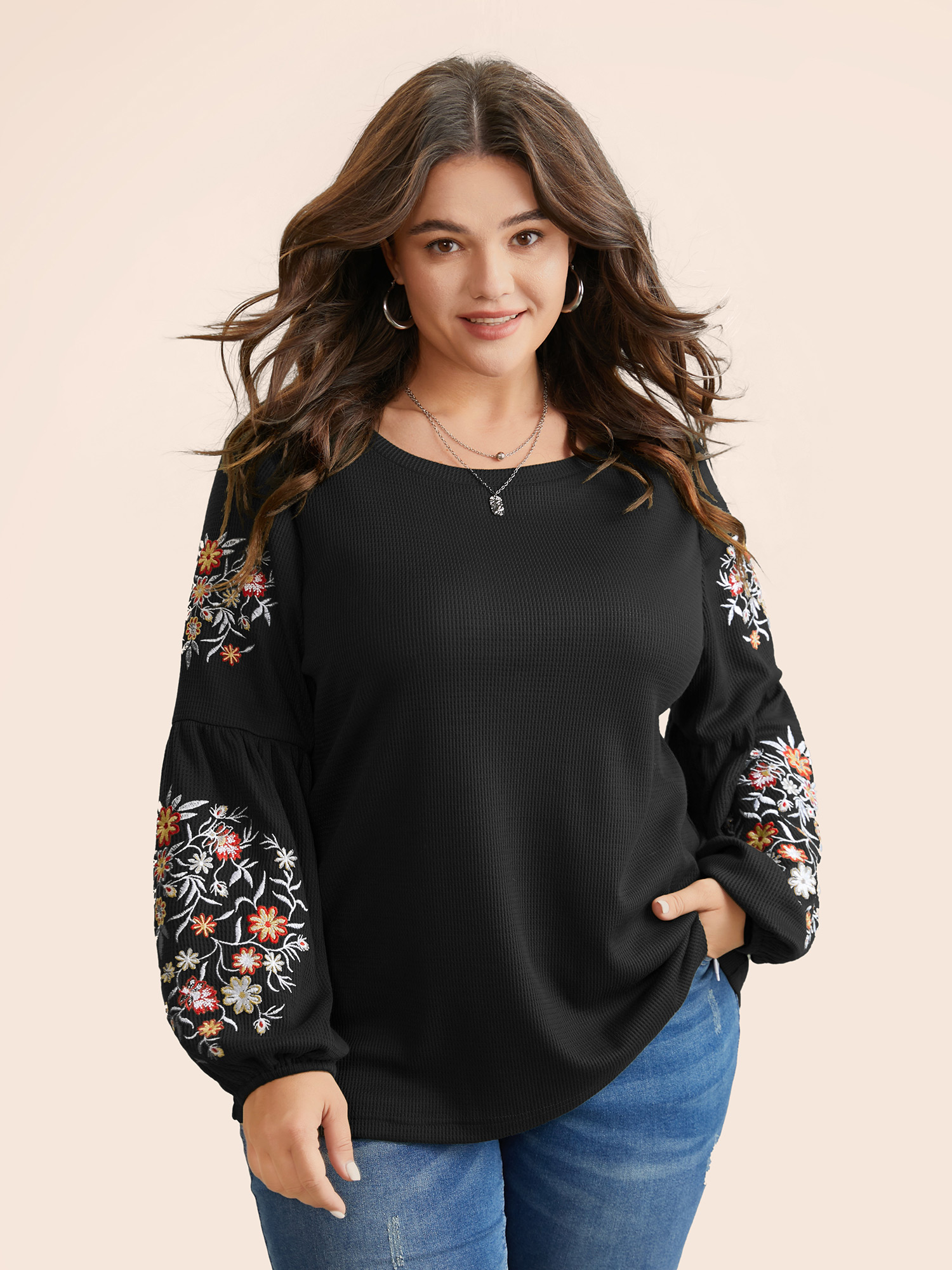 

Plus Size Waffle Knit Floral Embroidered Lantern Sleeve T-shirt Black Women Elegant Texture Floral Round Neck Everyday T-shirts BloomChic