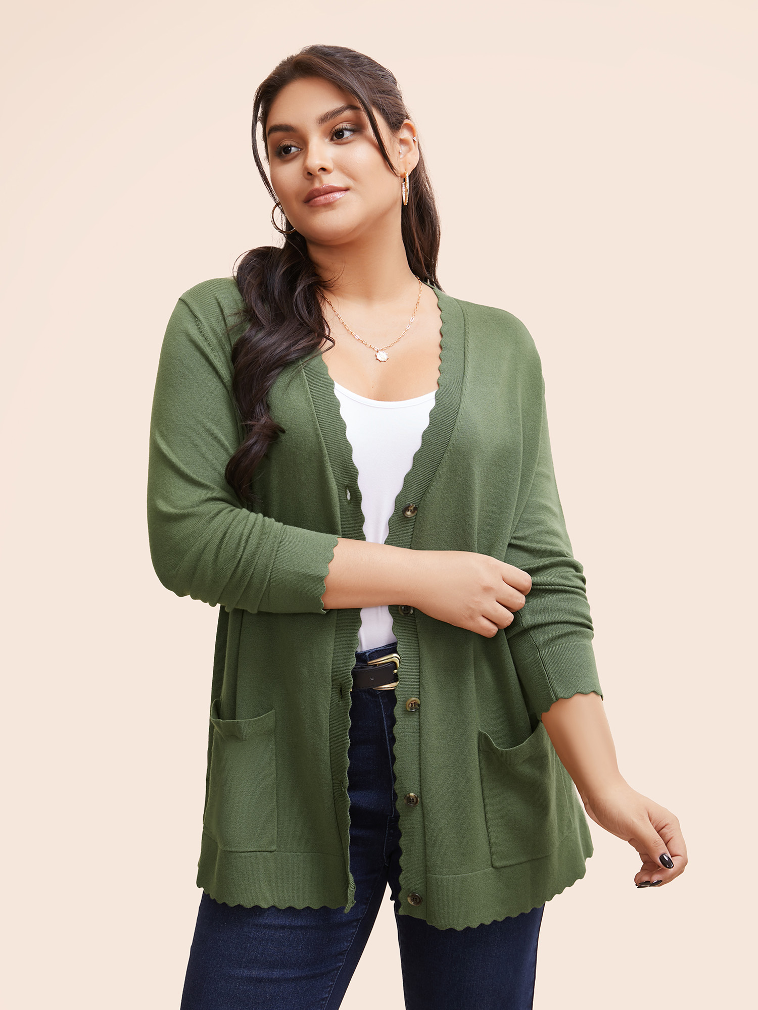 

Plus Size Plain Button Up Patched Pocket Cardigan ArmyGreen Women Casual Loose Long Sleeve Everyday Cardigans BloomChic