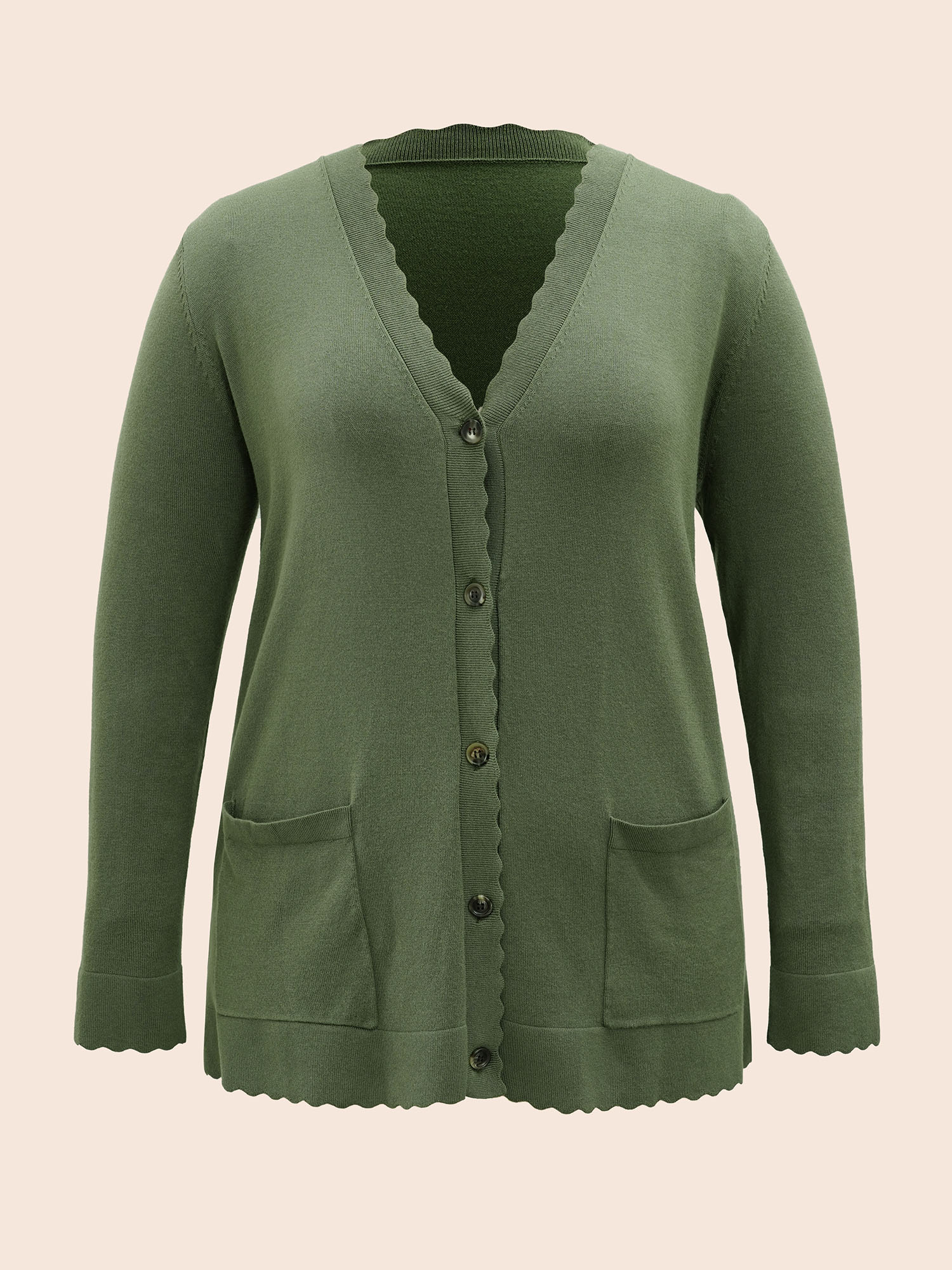 

Plus Size Plain Button Up Patched Pocket Cardigan ArmyGreen Women Casual Loose Long Sleeve Everyday Cardigans BloomChic