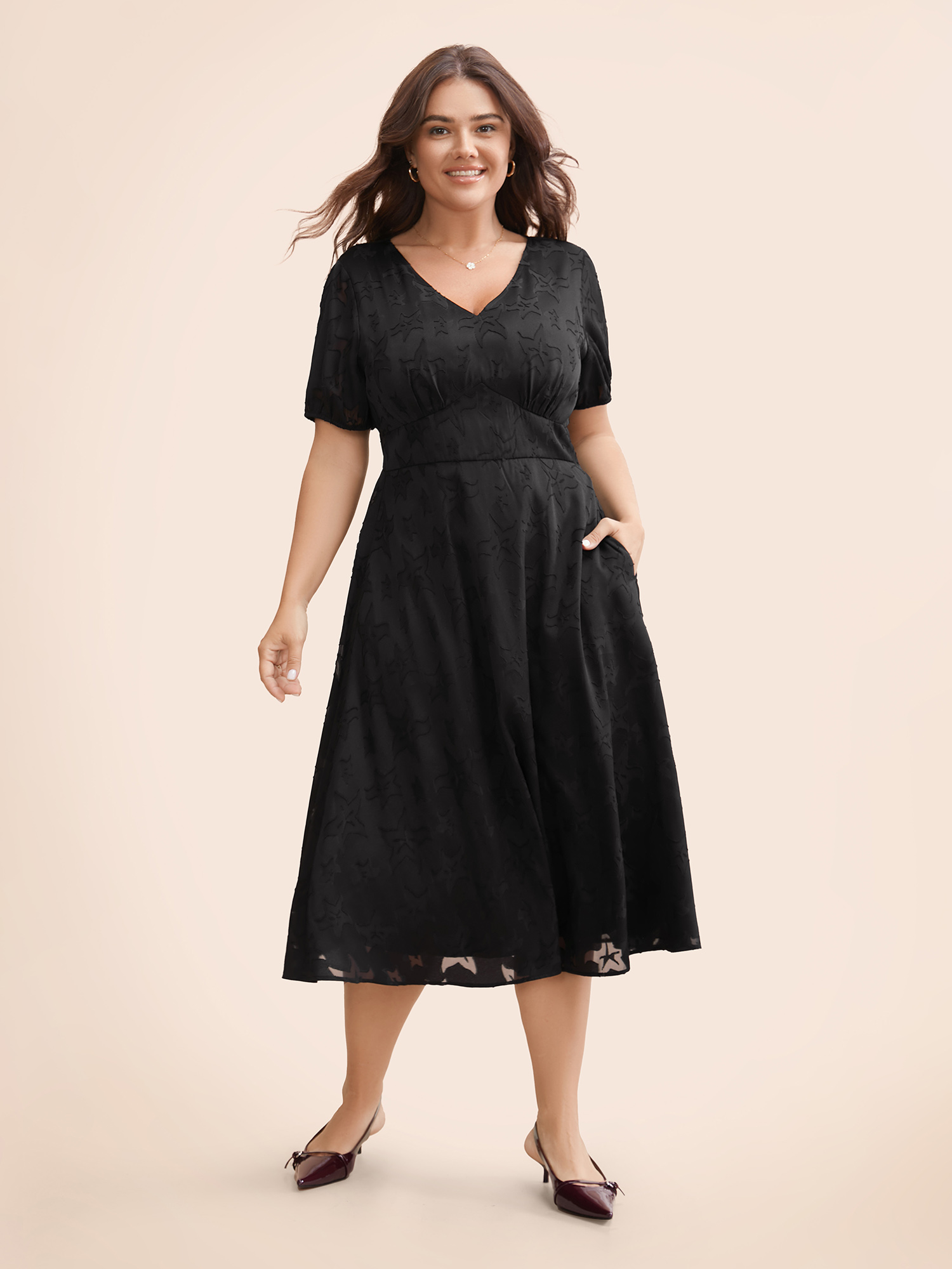 

Plus Size Star Textured Lantern Sleeve Midi Dress Black Women Elegant Texture V-neck Short sleeve Curvy BloomChic