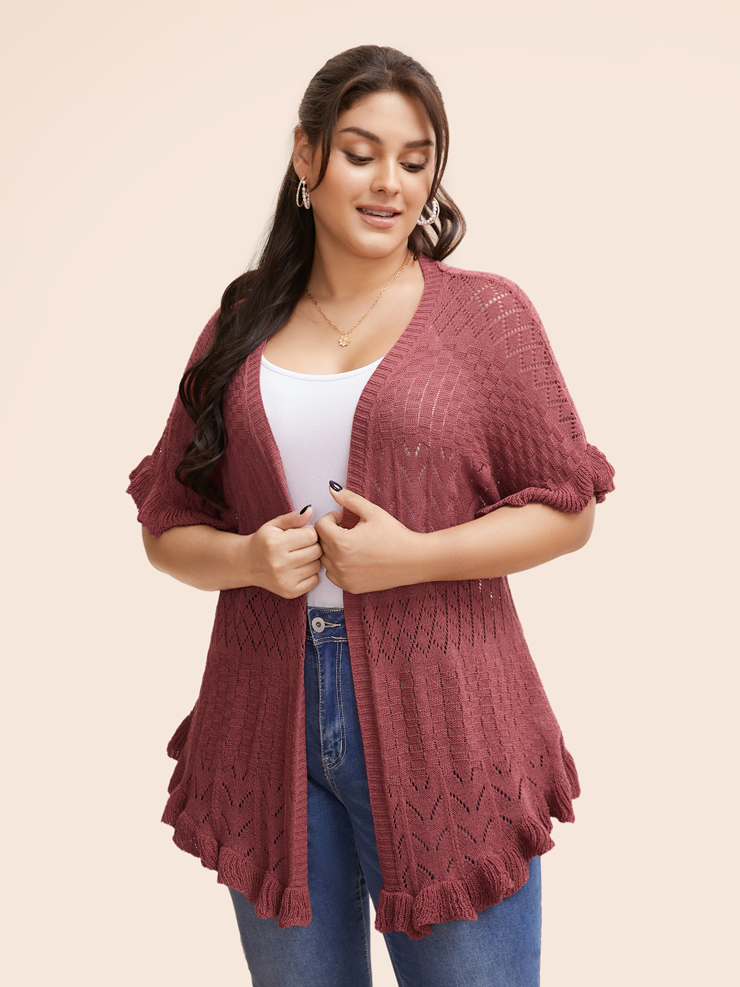 

Plus Size Plain Ruffles Pointelle Knit Cardigan Russet Women Casual Loose Short sleeve Everyday Cardigans BloomChic