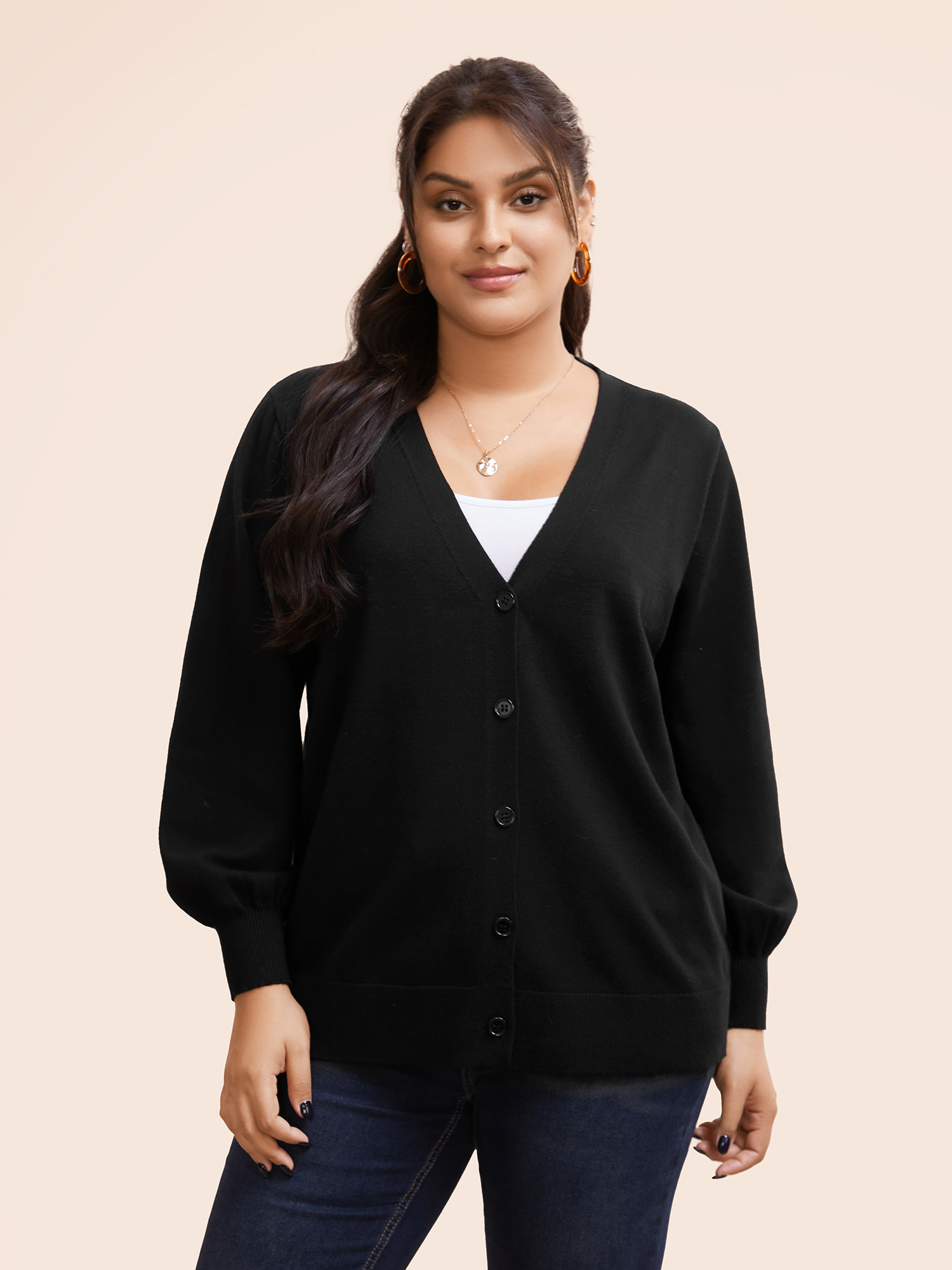 

Plus Size Supersoft Essentials Solid Button Detail Cardigan Black Women Casual Loose Long Sleeve Everyday Cardigans BloomChic