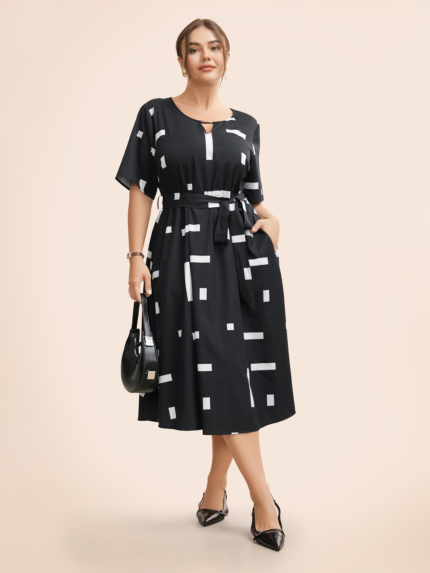 

Plus Size Geometric Print Keyhole Pocket Midi Dress Black Women At the Office Belted Round Neck Short sleeve Curvy BloomChic