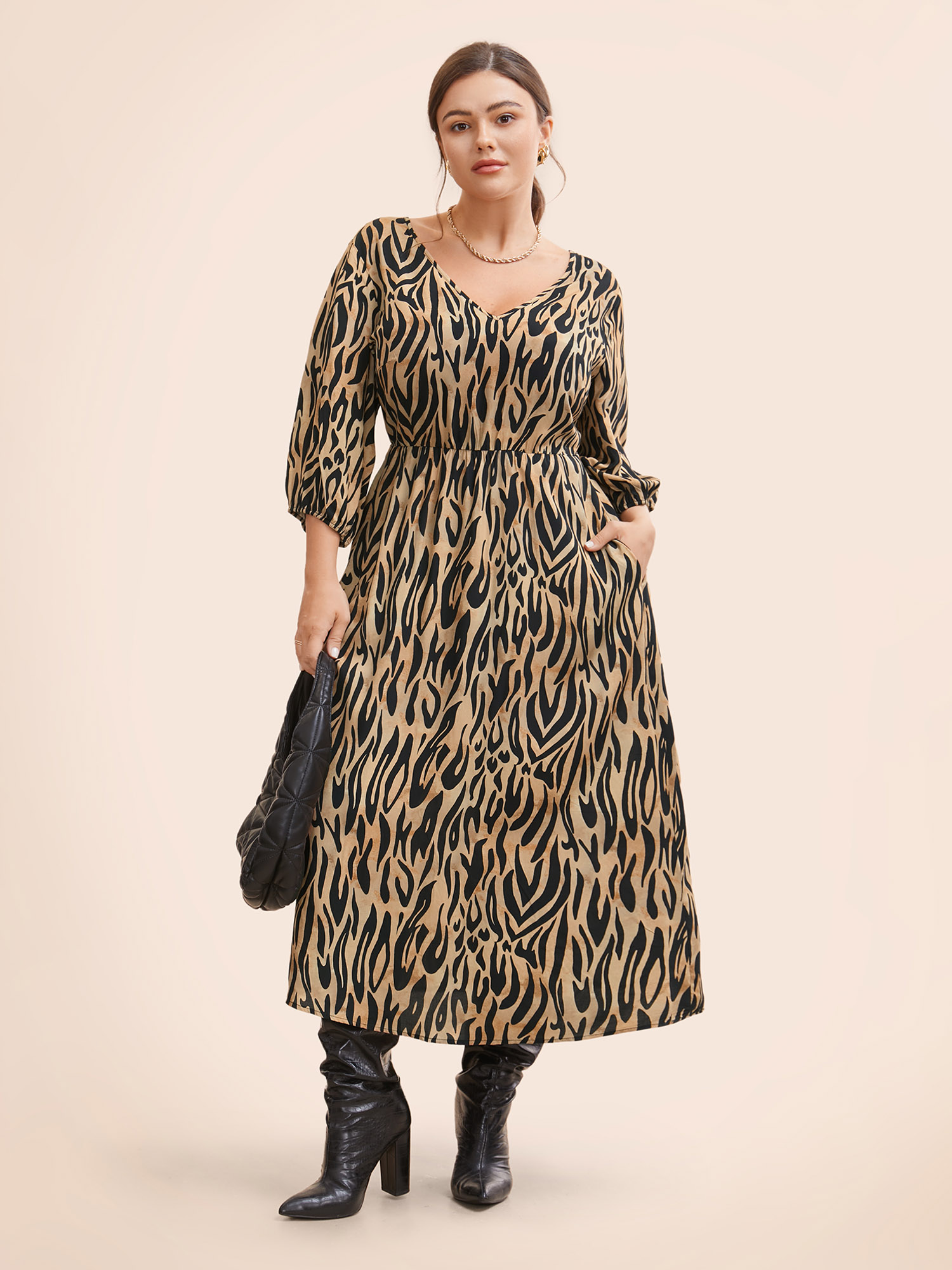 

Plus Size Leopard Print Tie Knot Lantern Sleeve Dress Yellowishbrown Women Workwear Essentials Tie knot V-neck Elbow-length sleeve Curvy BloomChic