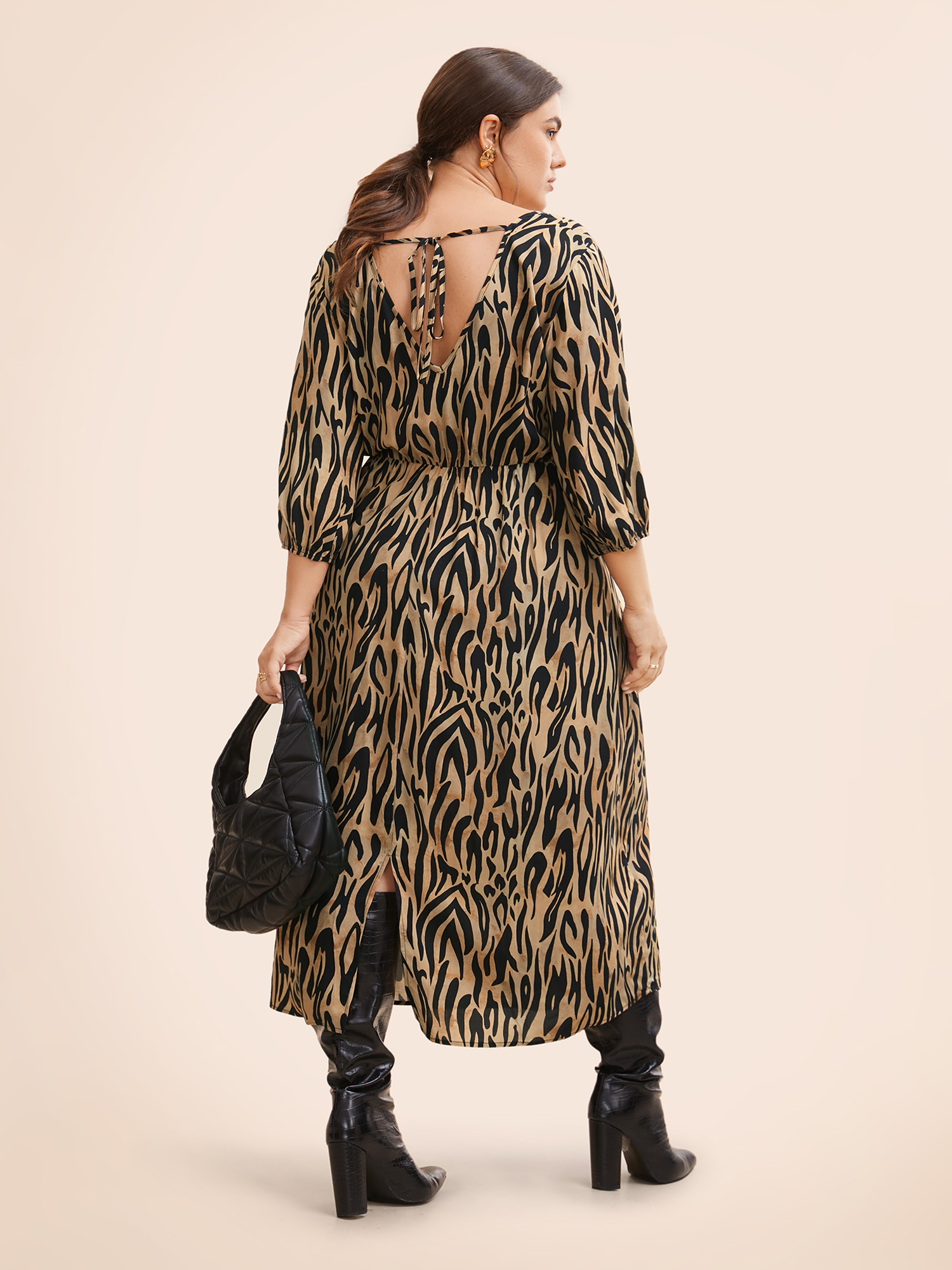 

Plus Size Leopard Print Tie Knot Lantern Sleeve Dress Yellowishbrown Women Workwear Essentials Tie knot V-neck Elbow-length sleeve Curvy BloomChic