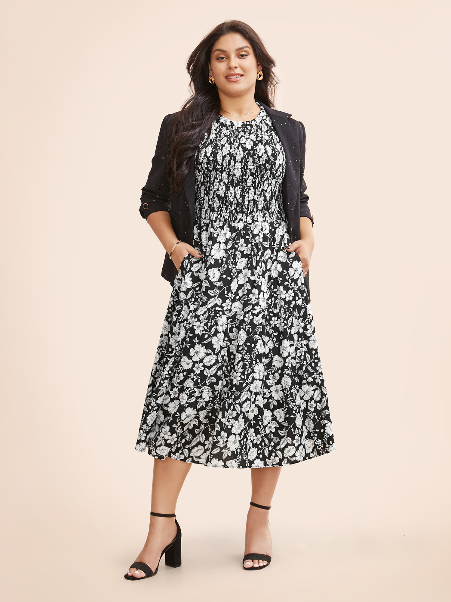 

Plus Size Floral Print Shirred Sleeveless Midi Dress Black Women Elegant Frill Trim Mock Neck Sleeveless Curvy BloomChic