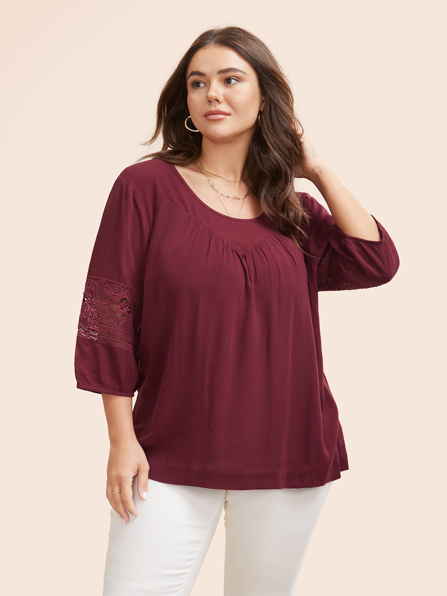 

Plus Size Scarlet U Neck Cut Out Lantern Sleeve Blouse Women Elegant Elbow-length sleeve U-neck Everyday Blouses BloomChic