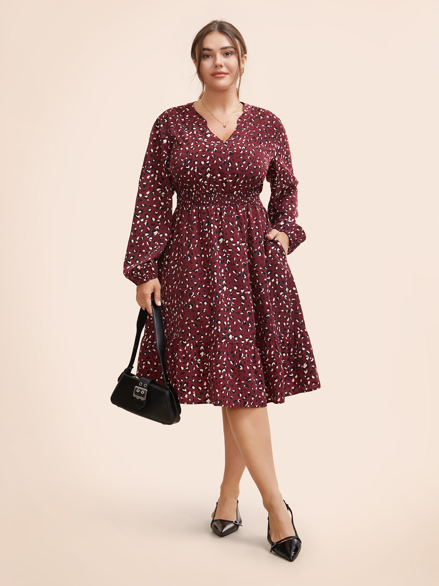 

Plus Size Leopard Print Shirred Lantern Sleeve Dress Burgundy Women At the Office Gathered Notched collar Long Sleeve Curvy BloomChic