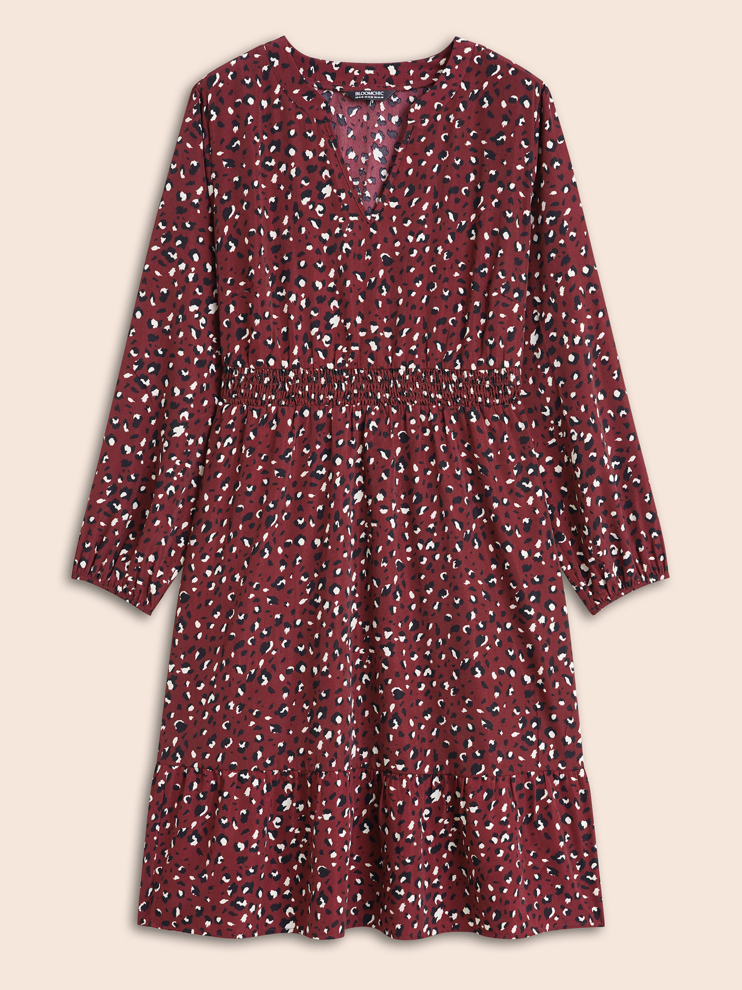 

Plus Size Leopard Print Shirred Lantern Sleeve Dress Burgundy Women At the Office Gathered Notched collar Long Sleeve Curvy BloomChic