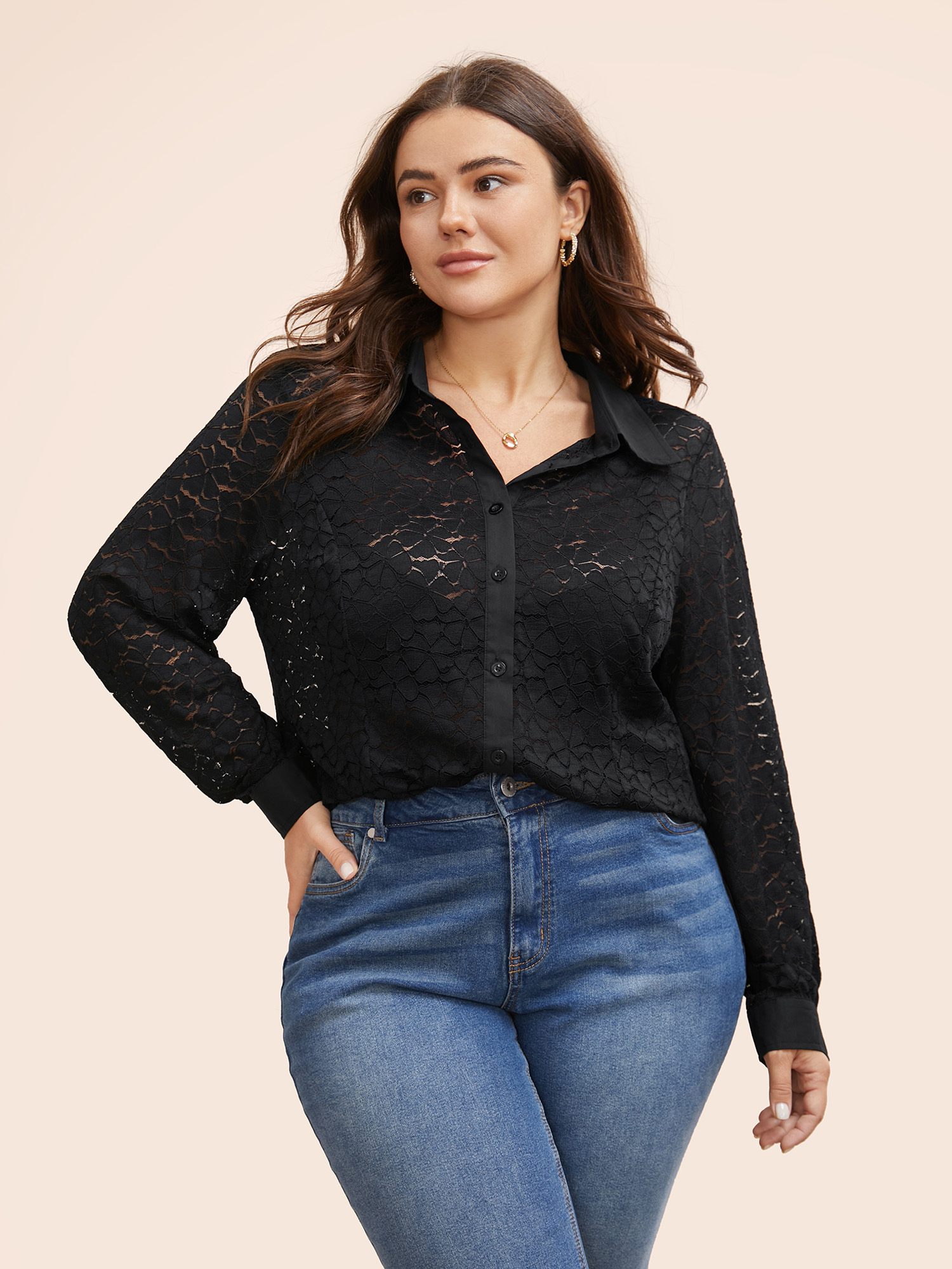 

Plus Size Black Shirt Collar Crochet Lace Mesh Blouse Women Elegant Long Sleeve Shirt collar Everyday Blouses BloomChic