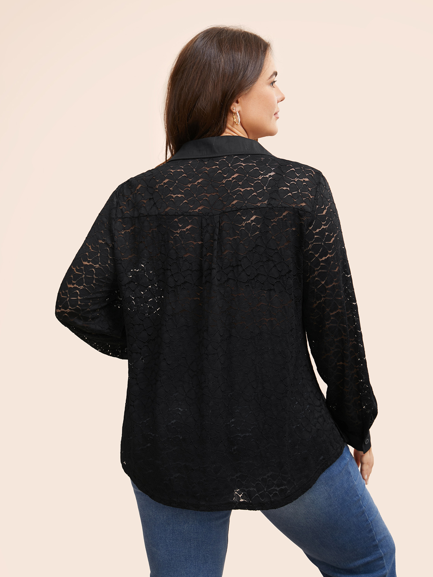 

Plus Size Shirt Collar Crochet Lace Mesh Blouse Black Long Sleeve Shirt collar Elegant Shirts