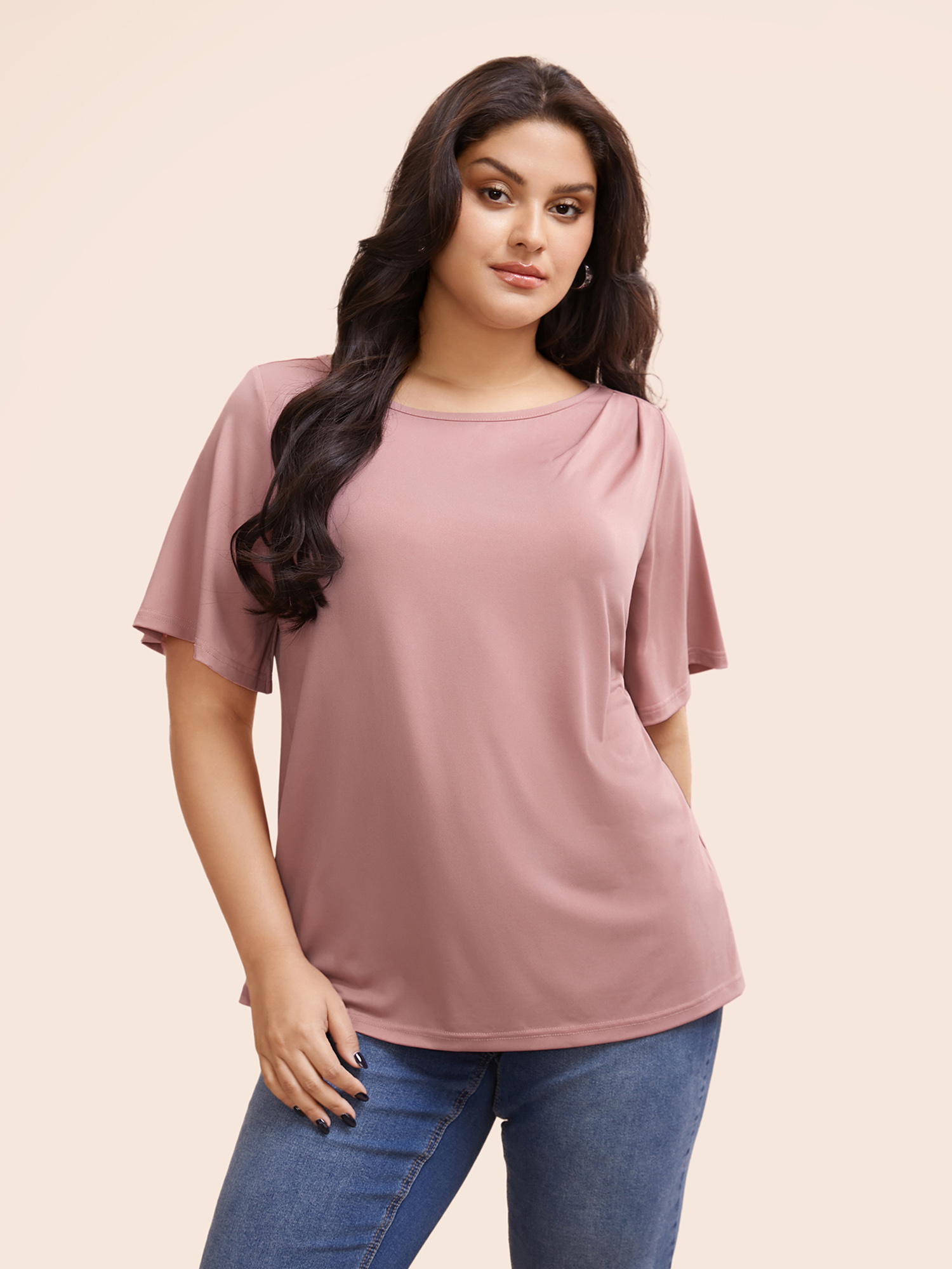 

Plus Size Solid Round Neck Plicated Detail T-shirt Rouge Women Elegant Pleated Round Neck Everyday T-shirts BloomChic