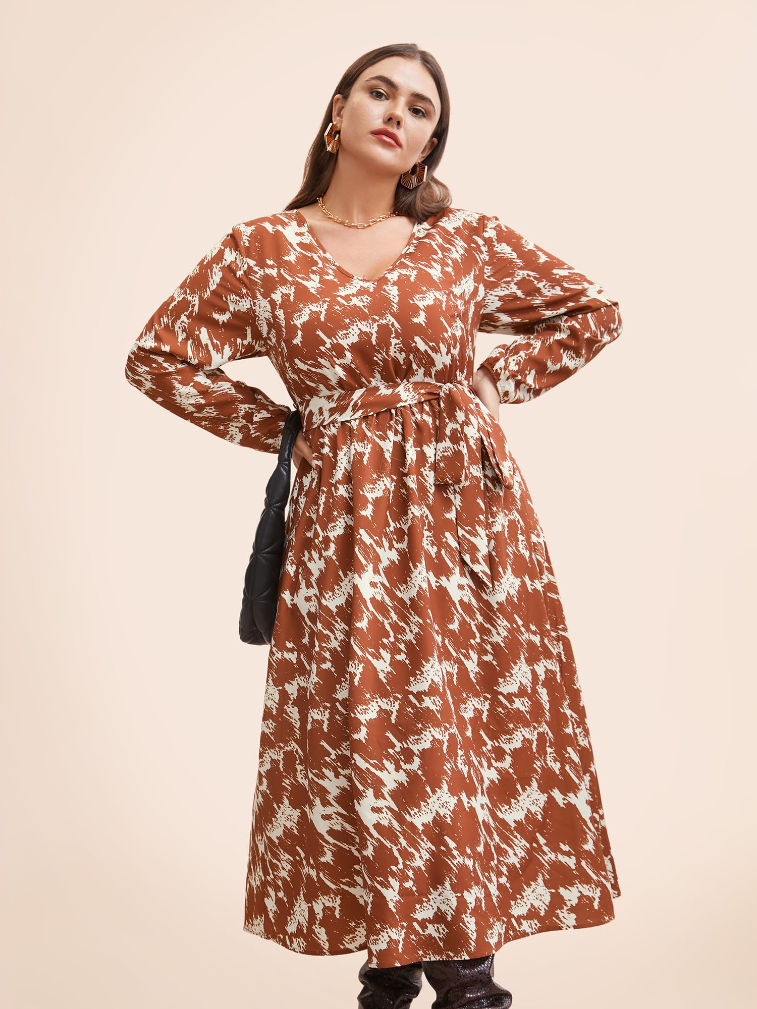 

Plus Size Brush Print Lantern Sleeve Belted Dress Rust Women At the Office V-neck Long Sleeve Curvy BloomChic