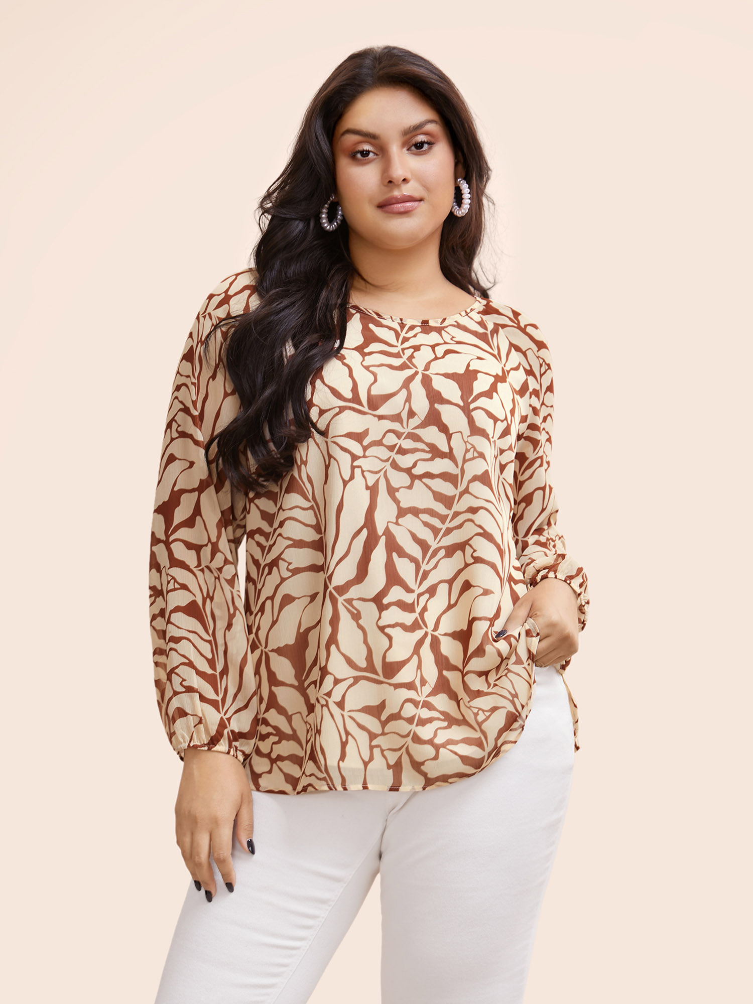 

Plus Size Multicolor Silhouette Floral Print Lantern Sleeve Blouse Women Elegant Long Sleeve Round Neck Everyday Blouses BloomChic