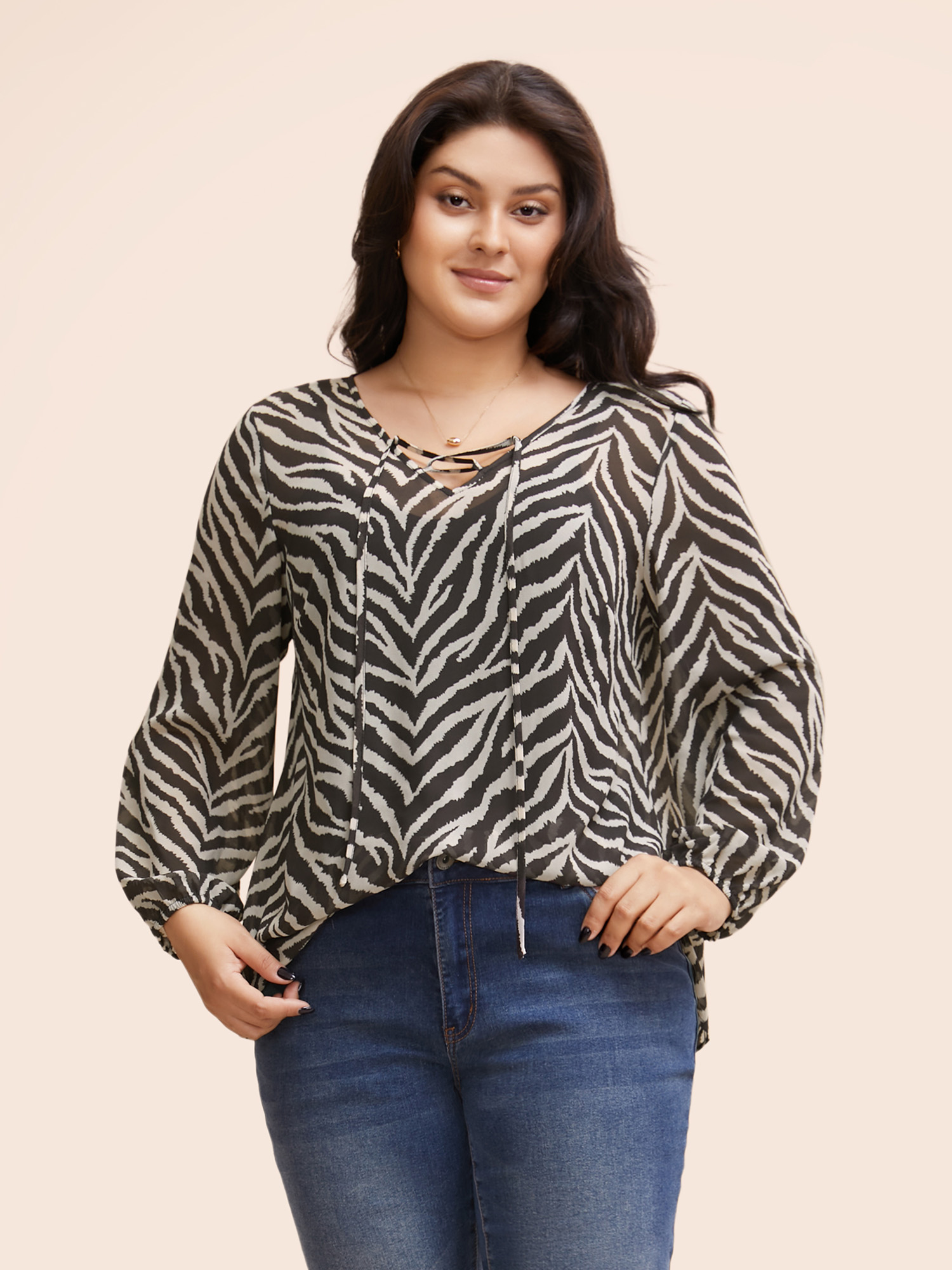 

Plus Size Multicolor Zebra Print Lace Up Split Hem Blouse Women Elegant Long Sleeve V-neck Everyday Blouses BloomChic