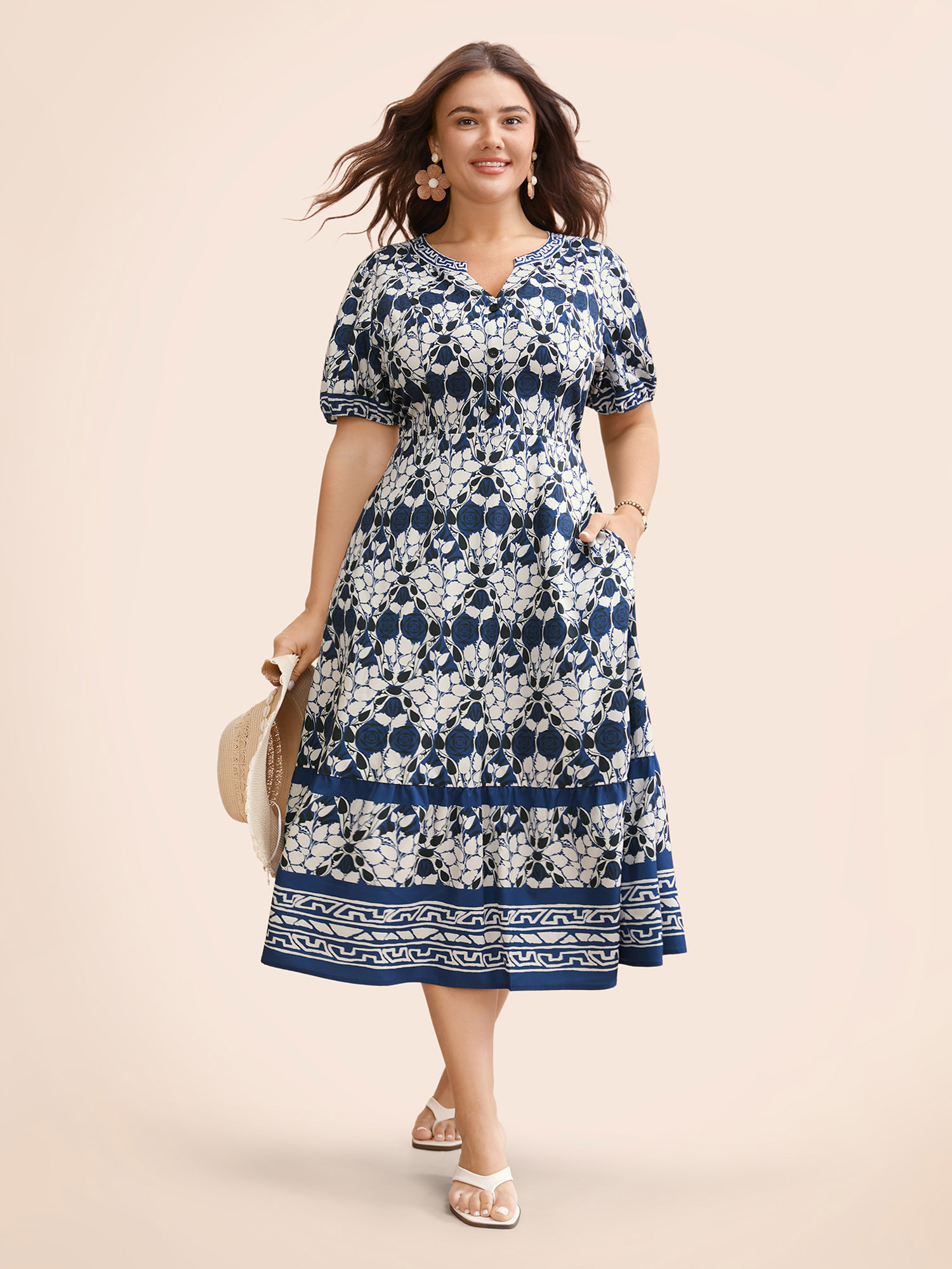 

Plus Size Bandana Print Notched Lantern Sleeve Dress Mediumblue Women Resort Gathered Flat collar with V-notch Short sleeve Curvy BloomChic