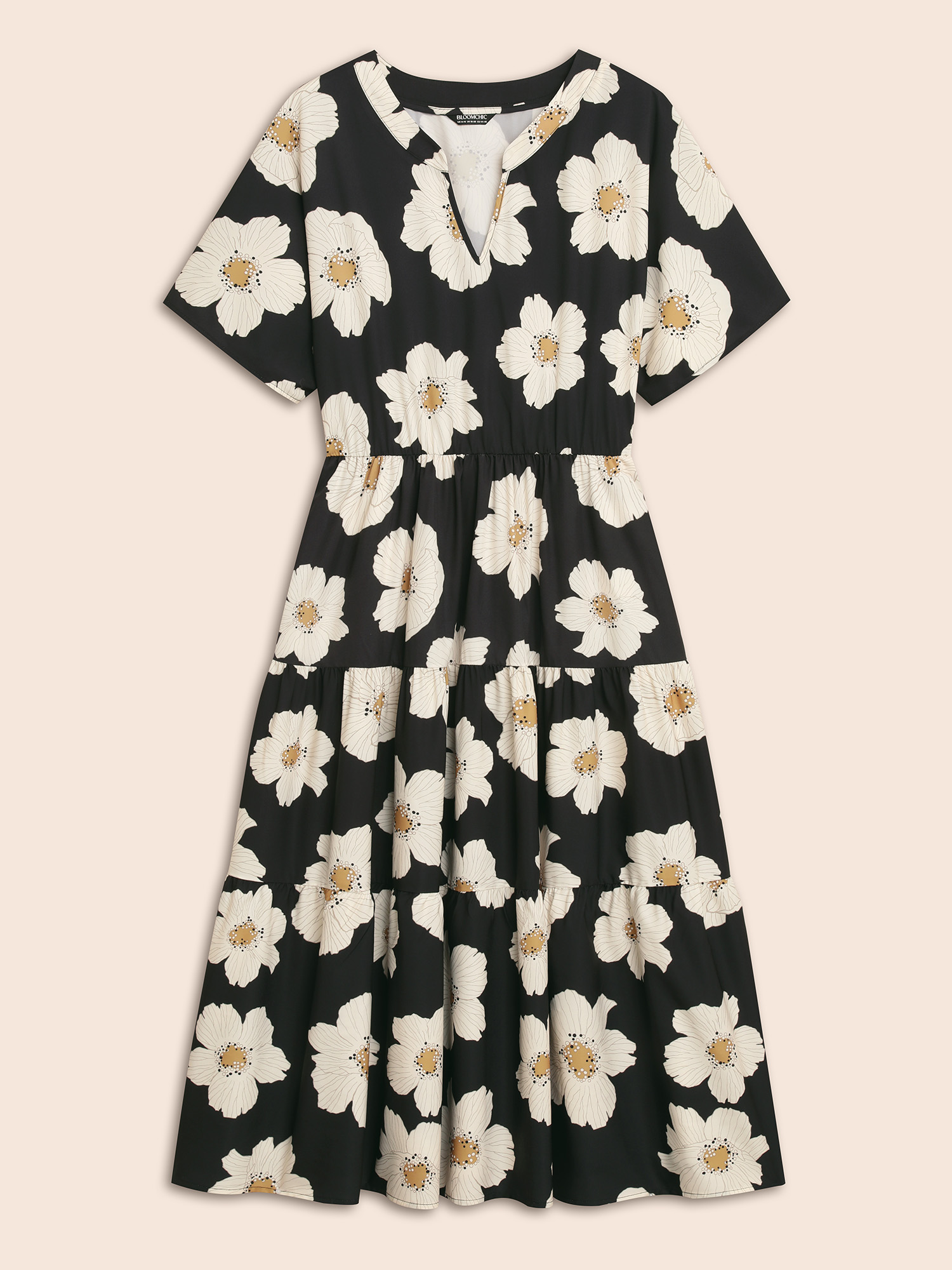 

Plus Size Floral Print Notched Ruffle Sleeve Dress Black Women Elegant Gathered Flat collar with V-notch Short sleeve Curvy BloomChic