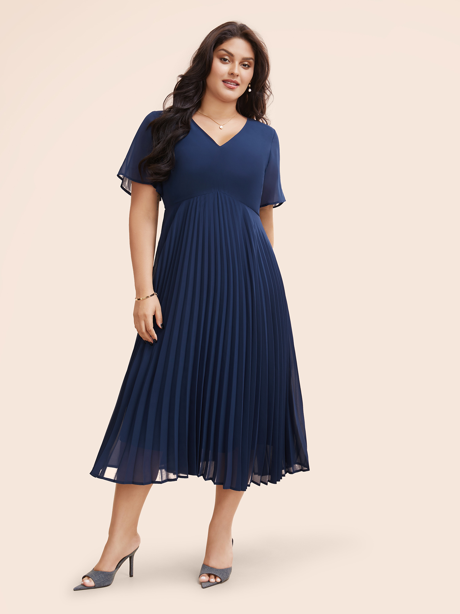 

Plus Size Solid Chiffon Pleated Ruffle Sleeve Dress Indigo Women Elegant See through V-neck Short sleeve Curvy BloomChic