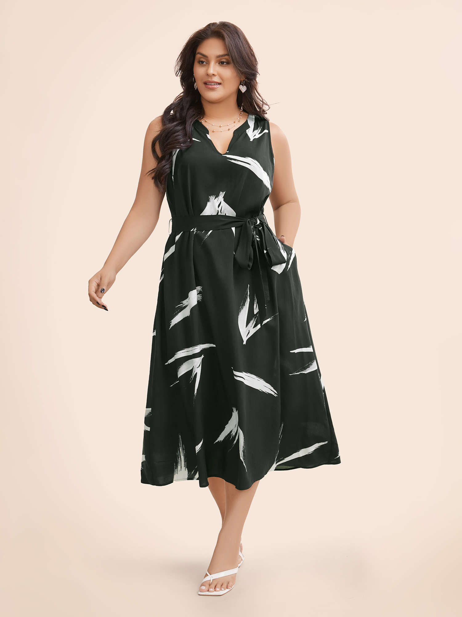 

Plus Size Brush Print Notched Belted Tank Dress Black Women Elegant Belted Flat collar with V-notch Sleeveless Curvy BloomChic