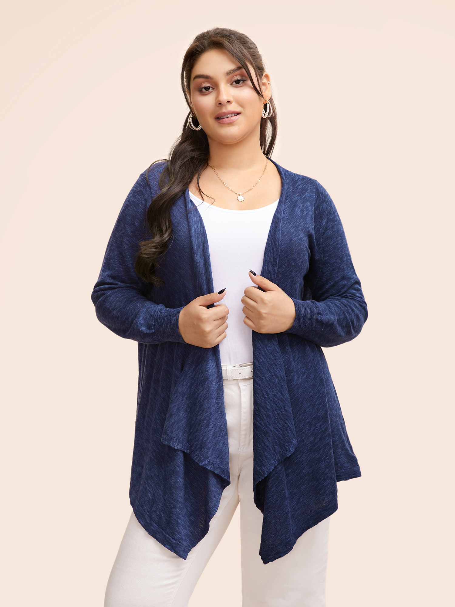 

Plus Size Kimono Collar Hanky Hem Cardigan Indigo Women Casual Loose Long Sleeve Everyday Cardigans BloomChic