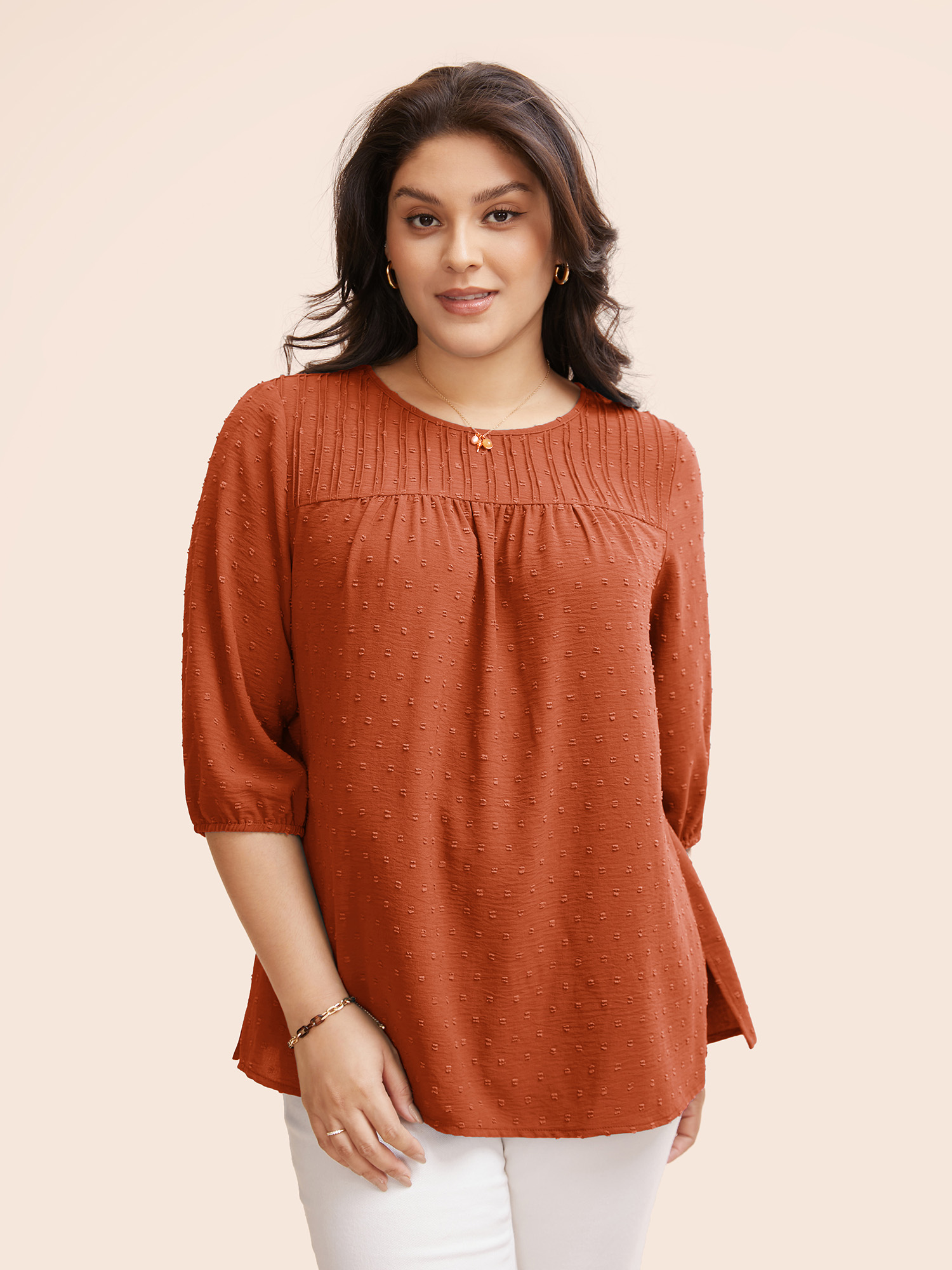 

Plus Size Rust Texture Round Neck Pleated Lantern Sleeve Blouse Women Elegant Elbow-length sleeve Round Neck Everyday Blouses BloomChic