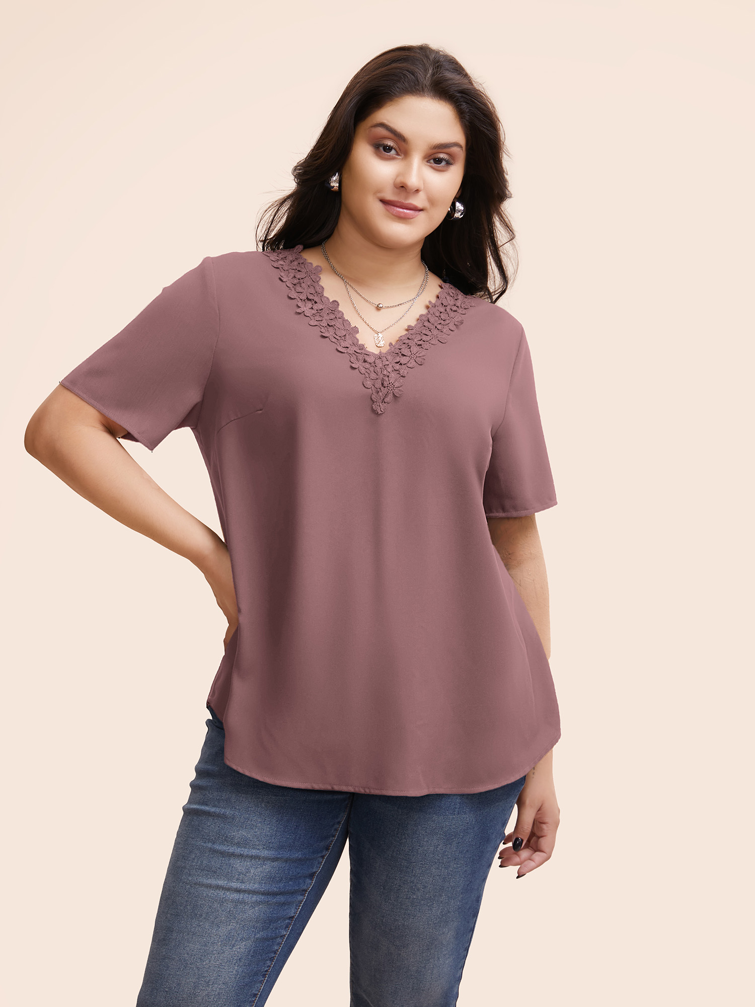 

Plus Size DustyPink Solid V Neck Woven Ribbon Blouse Women Elegant Half Sleeve V-neck Everyday Blouses BloomChic